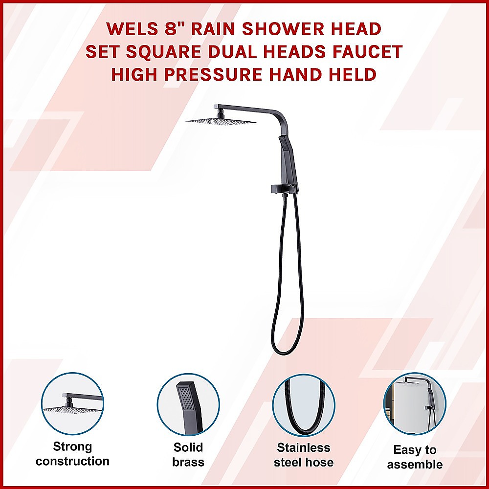 WELS 8" Rain Shower Head Set Square Dual Heads Faucet High Pressure Hand Held โ image 3
