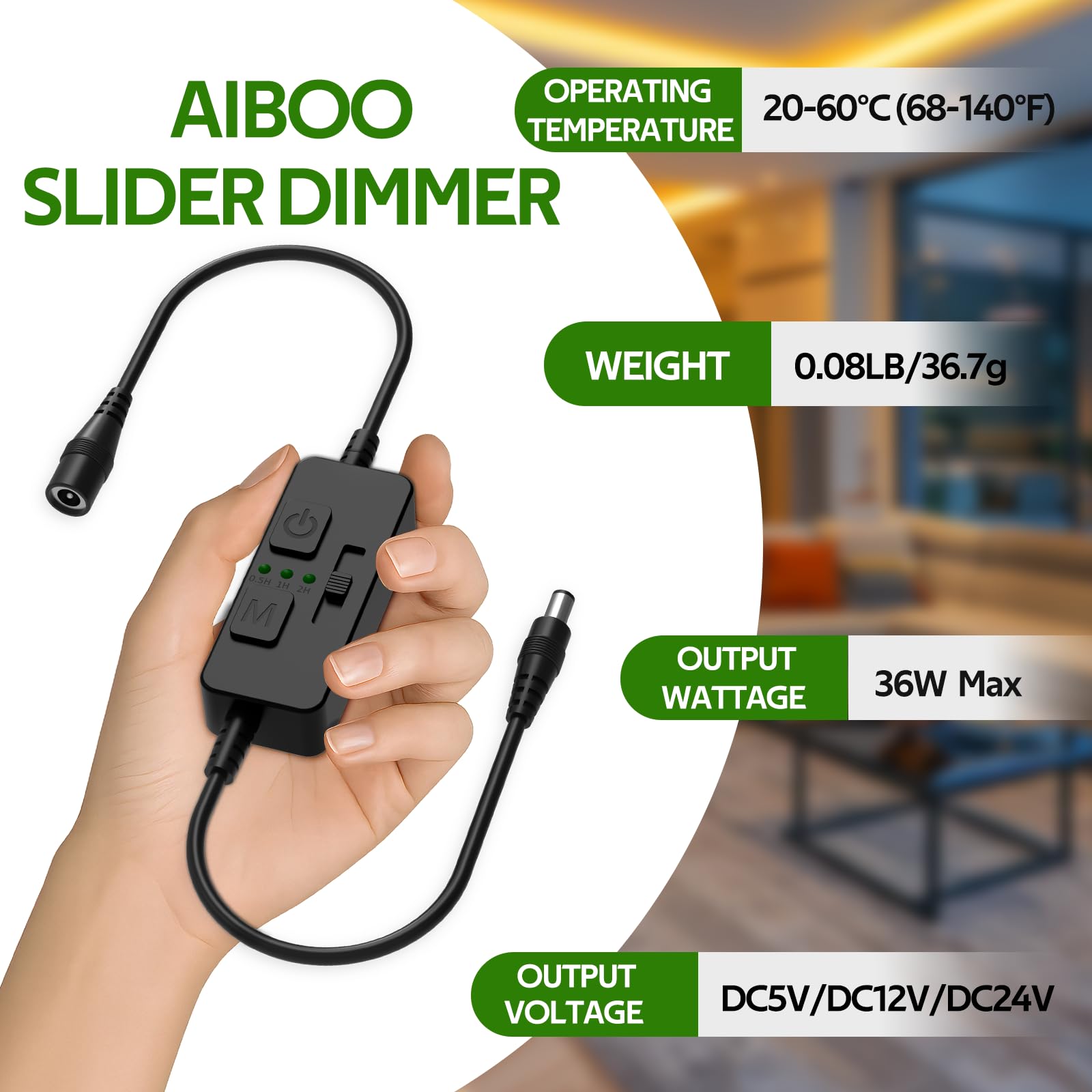 Single Color Slider Dimmer with Timer - PWM 1pc DC 5V/12V/24V LED Controller, 36W Max, Slide Brightness Control & Auto-Off for LED Strip Lights — image 5