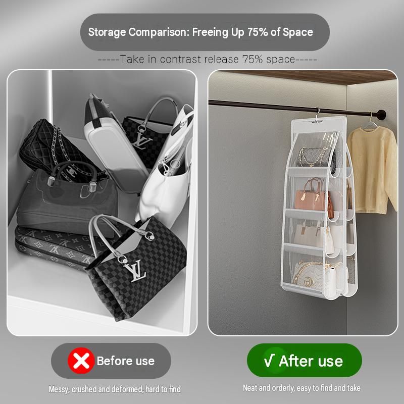 Grey 6-compartment Hanging Handbag Organizer - Double-Sided Non-Woven PVC Storage Bag with Transparent Pockets - Space-Saving Wardrobe Closet Hanger for Purses — image 3