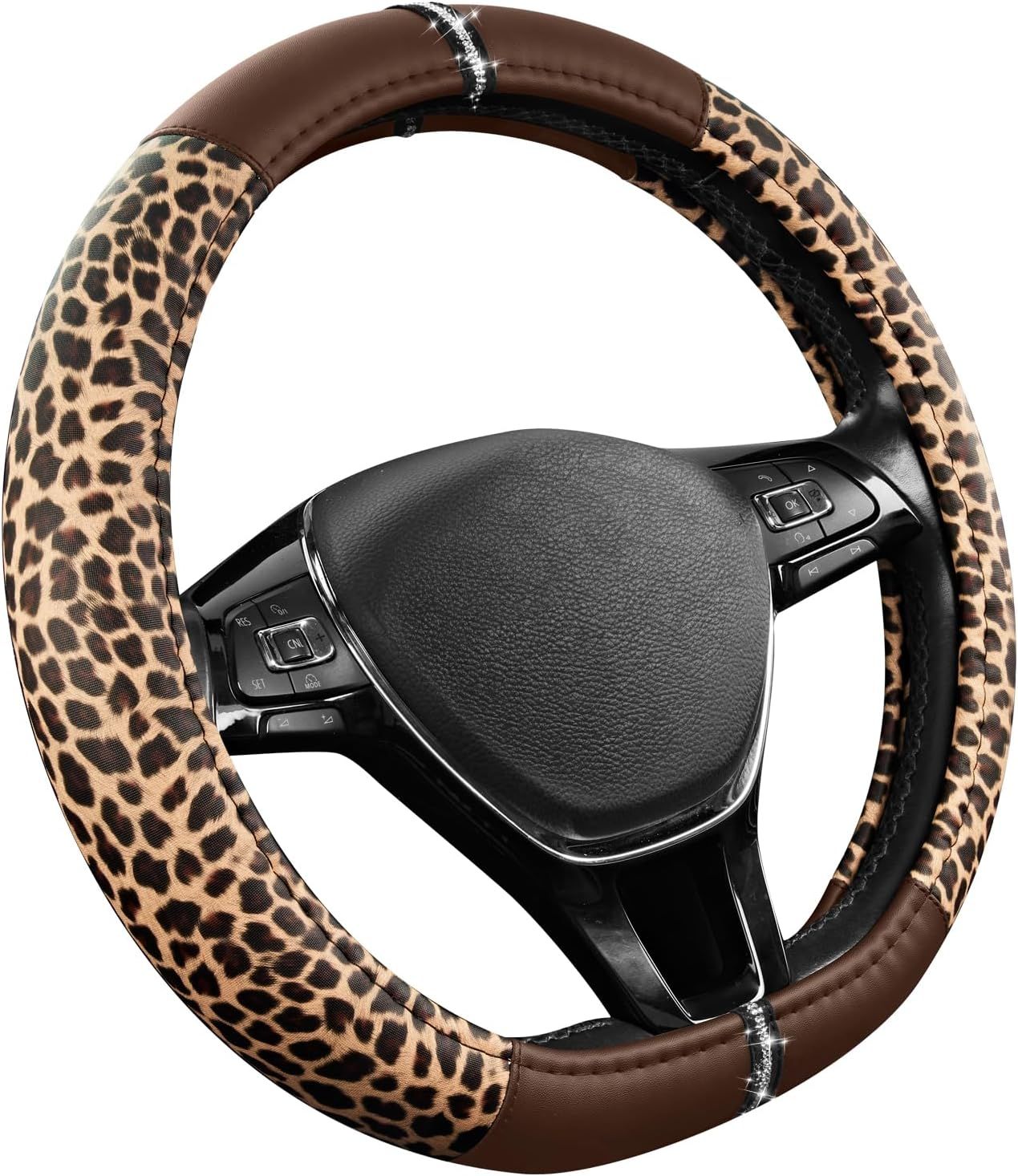 Leopard Steering Wheel Cover for Women, Cute Anti-Slip Microfiber Leather, Fits D Shape Flat Bottom Steering Wheel 14.5-15 Inch - Brown โ image 2
