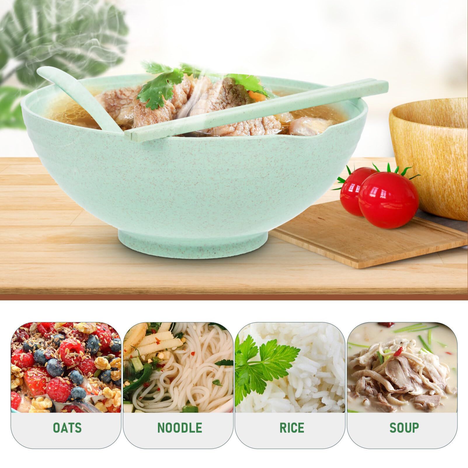 Noodle Bowls with Chopsticks, Cereal Bowls for Kitchen, Breakfast, Oatmeal, Microwave and Dishwasher Safe (Green) — image 5