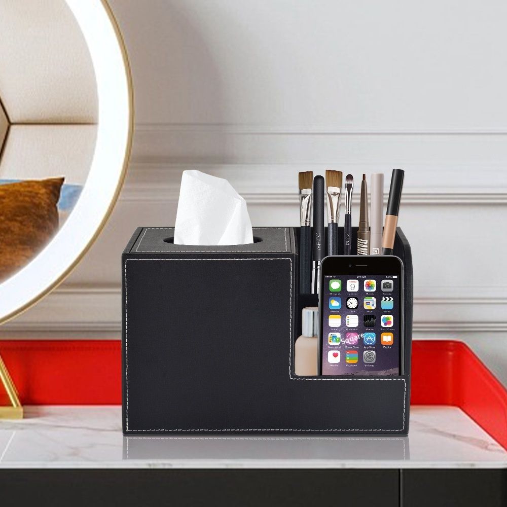PU Leather Tissue Box Cover with Remote Control Holder, Square Tissue Box Holder for Living Room Bathroom Office (black,only box) — image 2