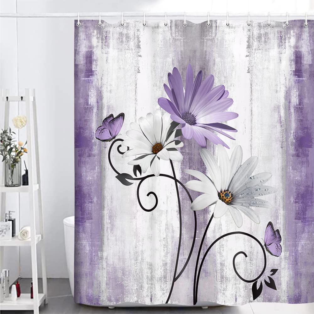 Rustic Farmhouse Shower Curtain, Farm Purple Daisy Floral Flowers and Butterfly on Country Wooden Showe, with 12PCS Hooks, 70 × 70IN — image 3