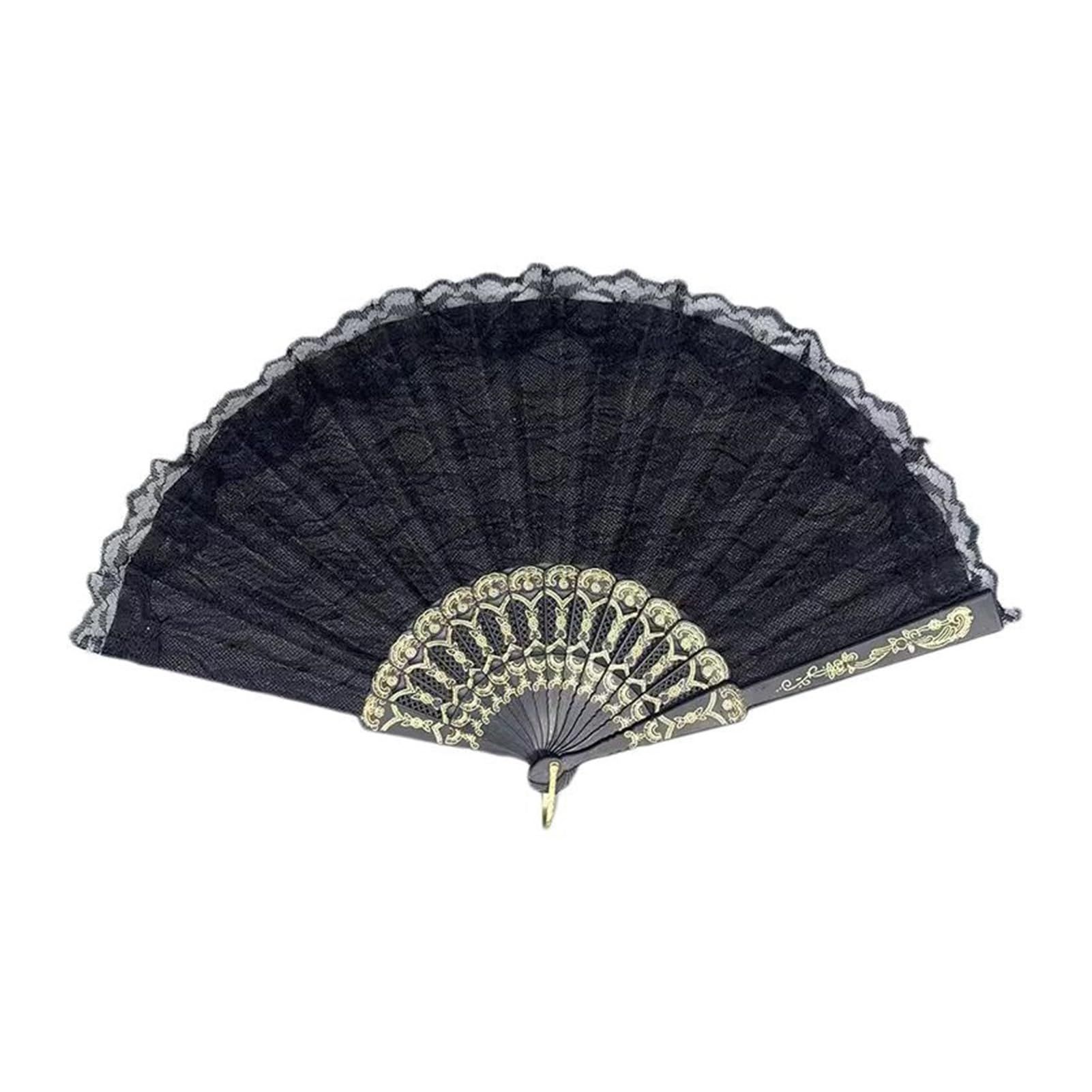 Vintage Lace Folding Fan with Tassel Handheld Chinese Vintage Style Hand Held Fan Dance Performance Photo Props Party Black
