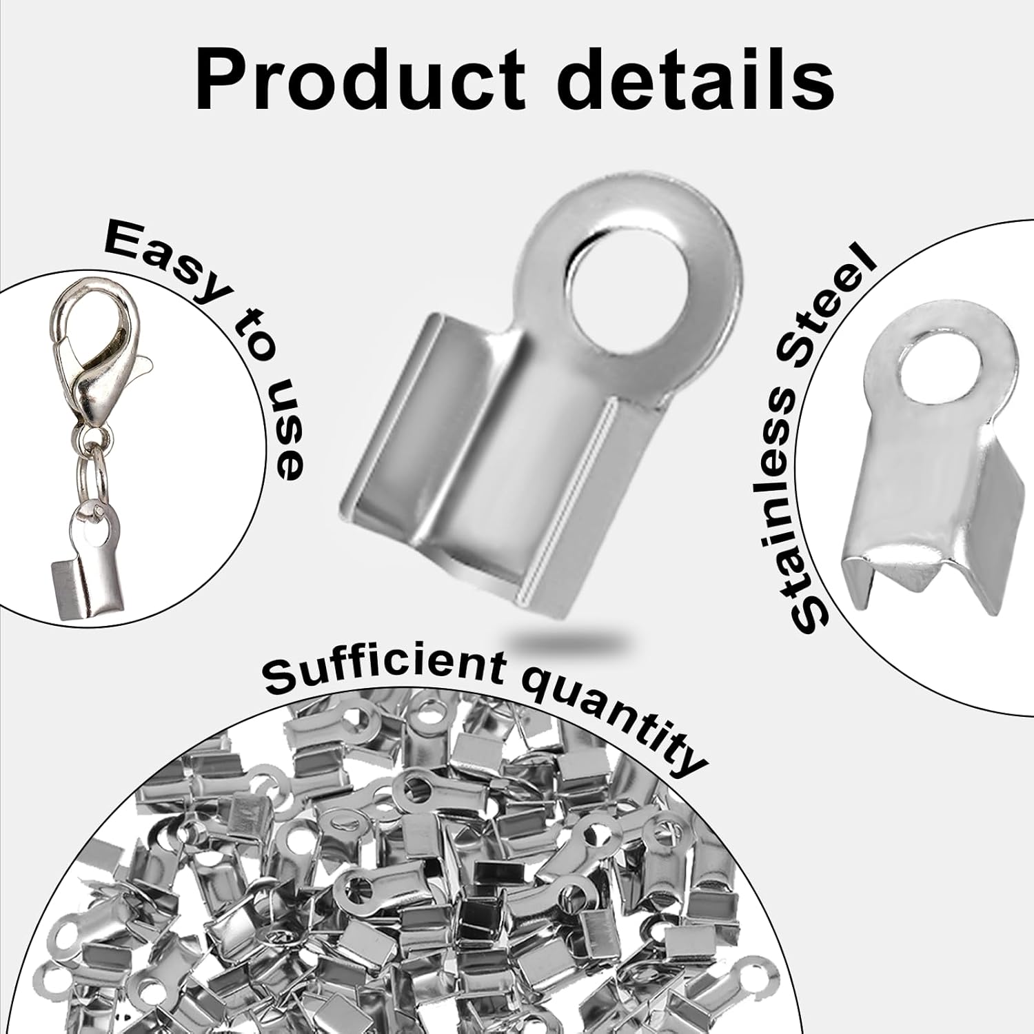 Vin Beauty 100 Pieces Fold Over Cord Ends Stainless Steel Cord Crimp End Tips Fold-Over End Caps Leather Ribbon Ending Clasp Tips Connectors for Jewelry Making — image 2
