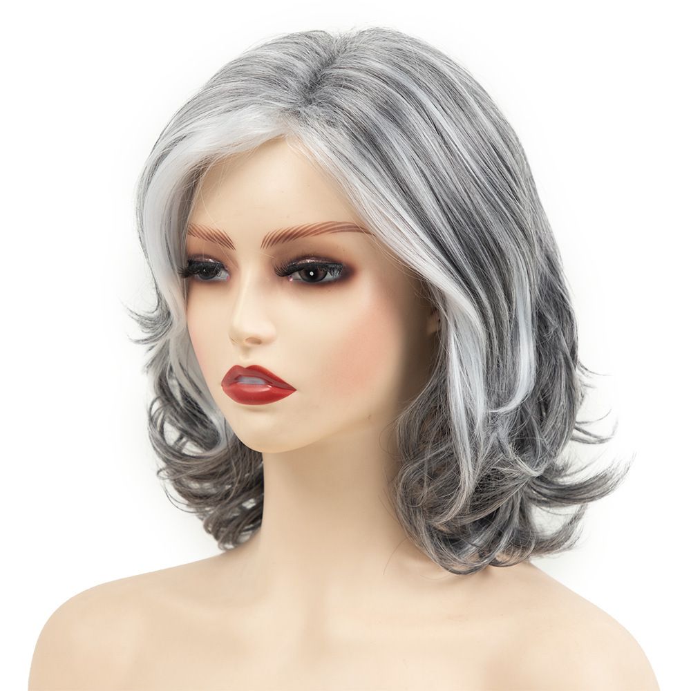 Grey Curly Wavy Wig for Women Mid-Length Gray Synthetic Natural Looking Heat Resistant Halloween Cosplay Wig — image 2