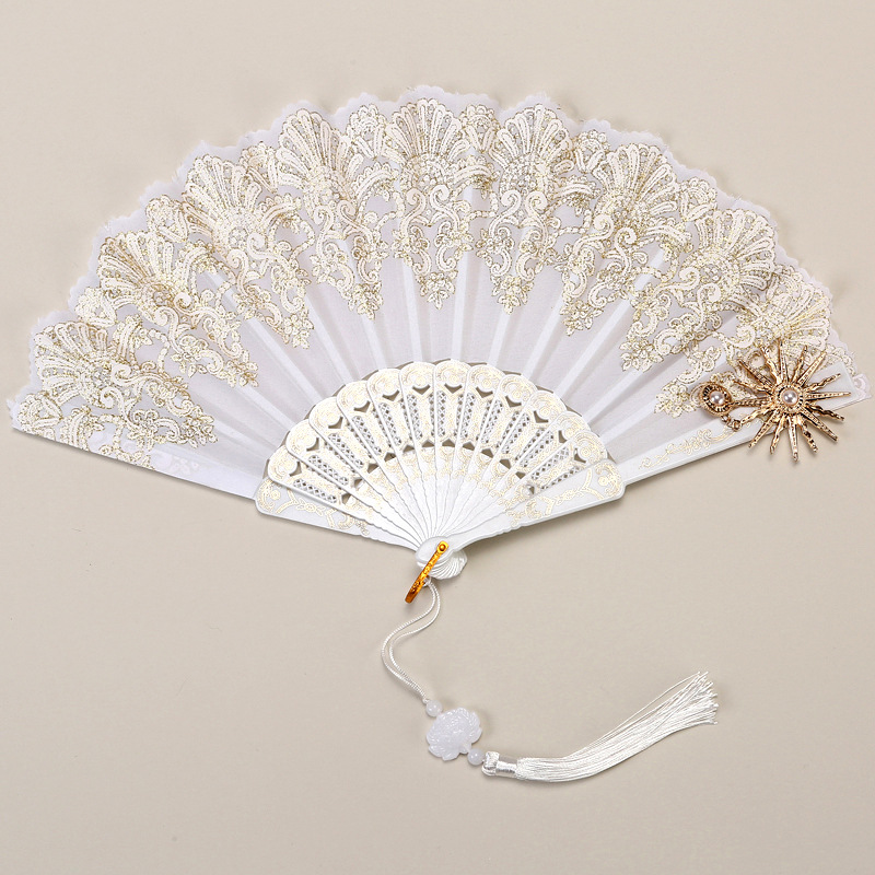 2 Pack White Sunflower with Gold Foil Embossing Vintage Lace Folding Fans Gothic Palace Style with Rose Cross Tassels for Tea Party Cosplay and Photo