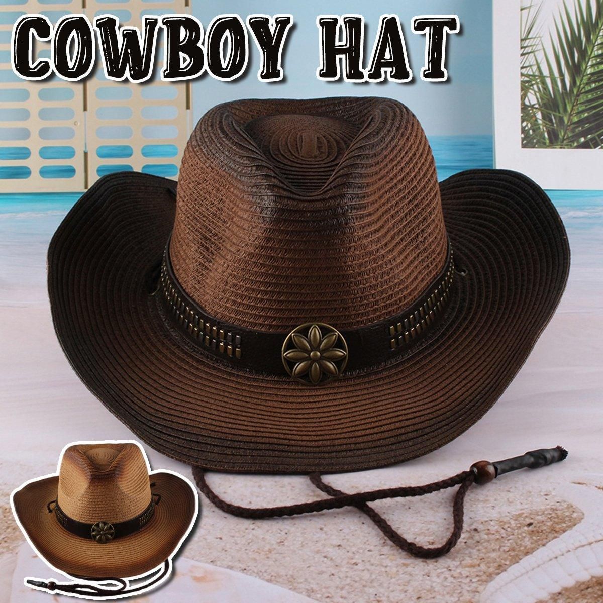 Outdoor Western Cowboy Hat Unisex Straw Hat Visor Hats Big Wide Brim Hat Summer - Khaki — image 2