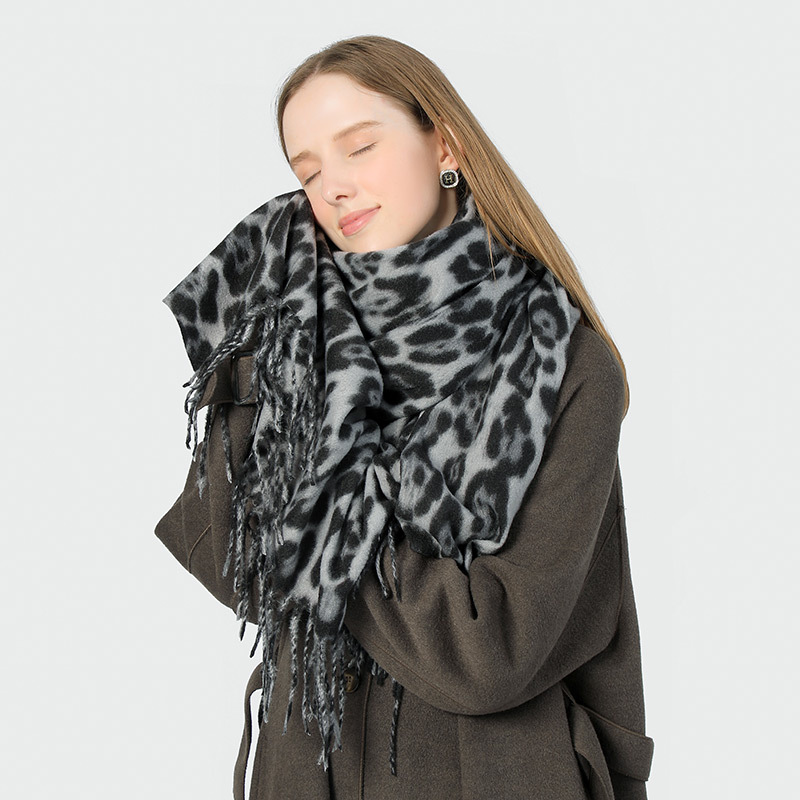 Stylish Animal Print Scarf - Warm Fall/Winter Shawl with Tassels, Imitation Cashmere(Khaki) โ image 5