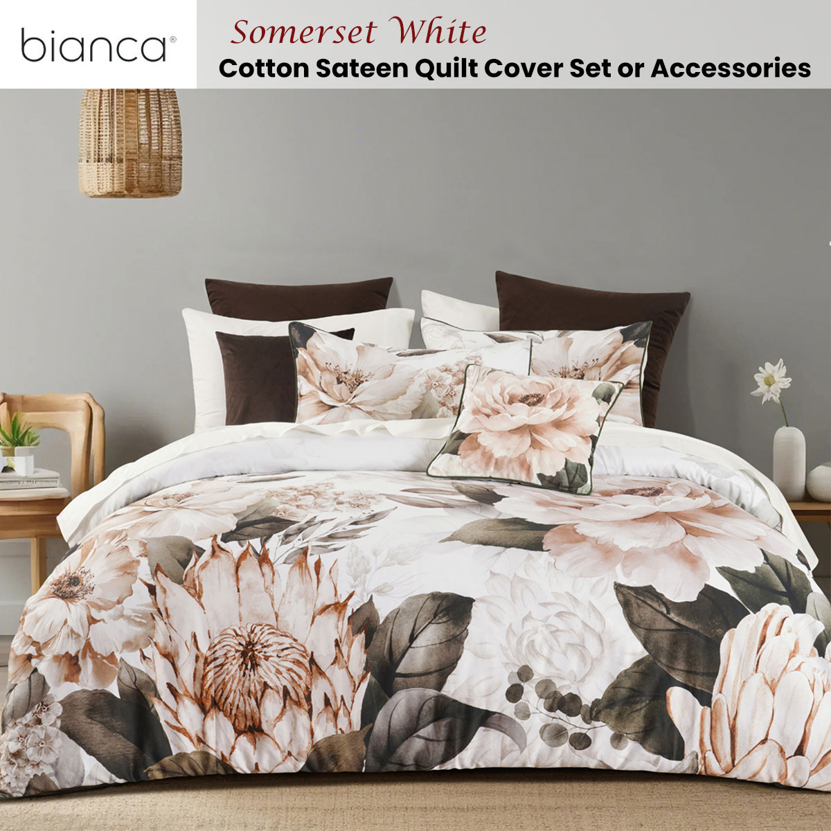 Bianca Somerset White Cotton Sateen Floral Quilt Cover Set Double โ image 2