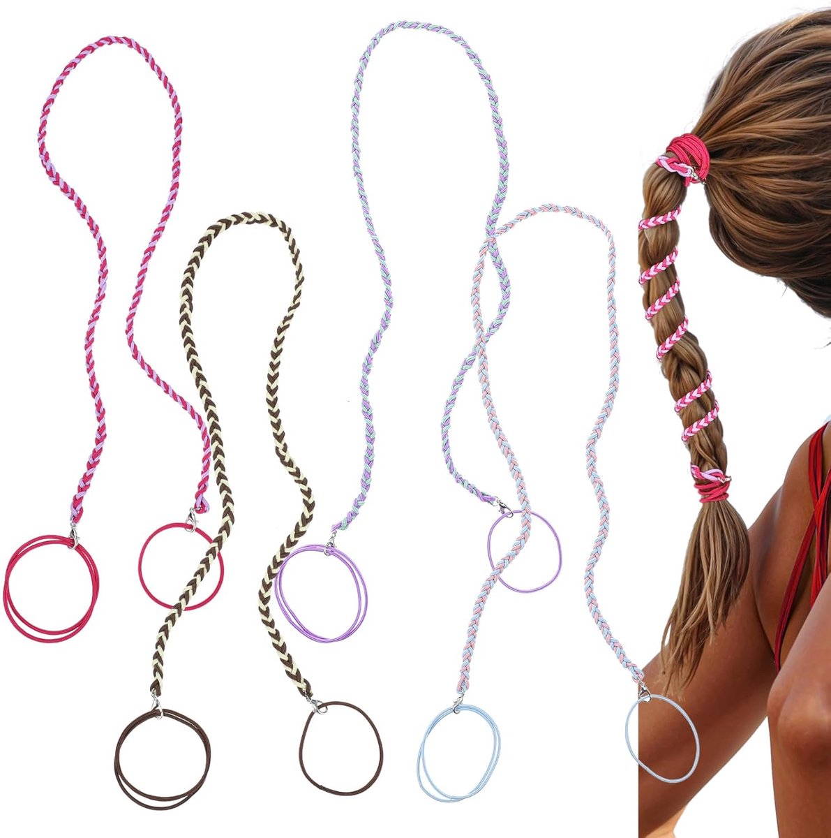4 pieces - Hair elastics - Hair bands - Elastic hair bands - braided hair bands for women - long ponytail holders - colorful ponytail wrap - hair accessories