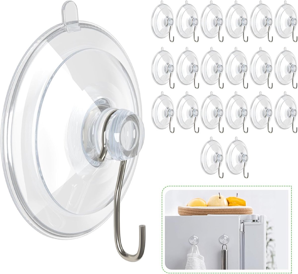 Suction Cup Hooks (20 Pieces) - Suction Cup Hooks - 1.77 Inch Clear Suction Cups - up to 3kg - with Metal Hooks - Threaded - Brute Strength - suction