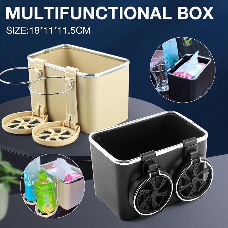 Multifunctional Car Armrest Storage Box with Tissue Holder and Dual Cup Rack - Beige โ image 2