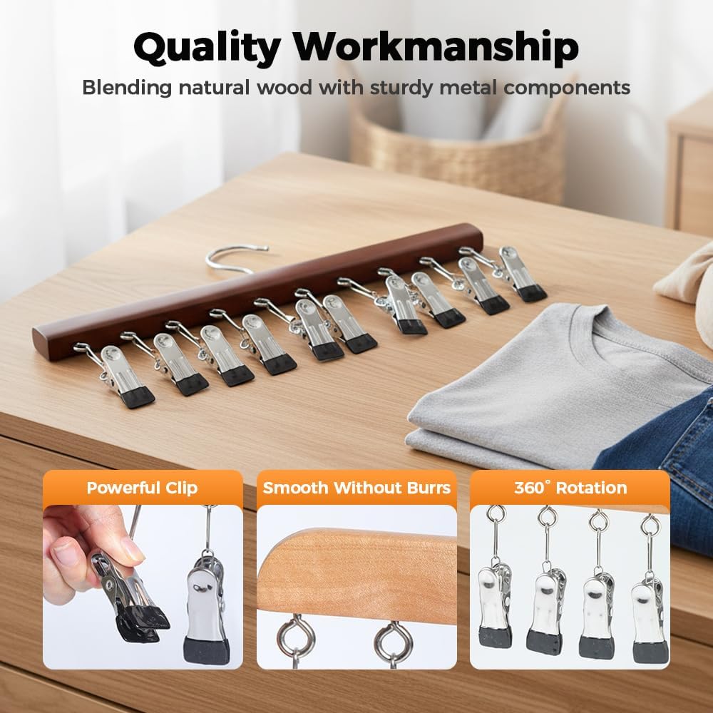 2 Pack Legging Hanger for Closet, with 10 Non Slip Clips Each, Wooden Clothes Hanger for Home Use, Space Saving Hanger for Family (Wood) — image 4