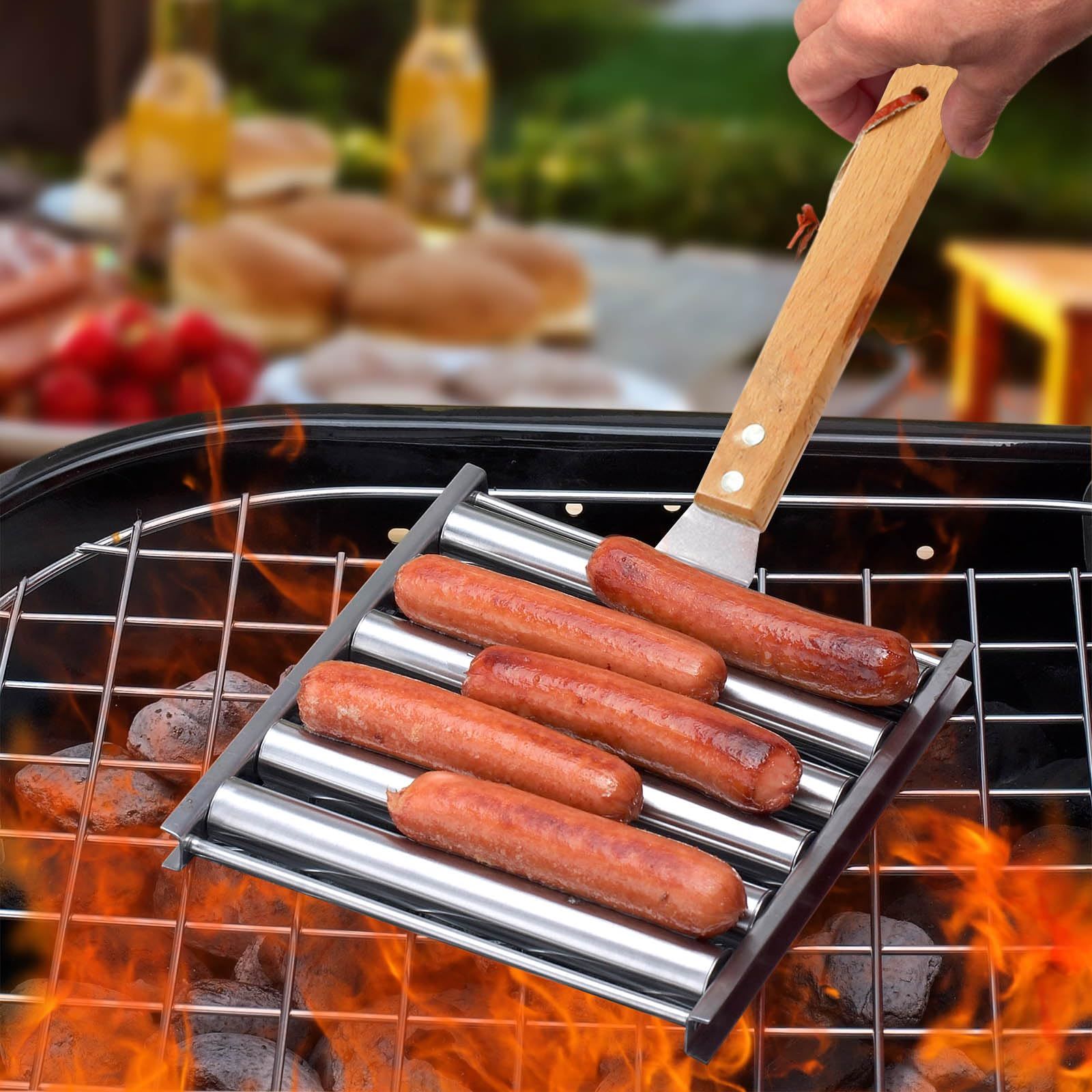 Hot Dog Roller Stainless Steel Sausage Roller Rack with Extra Long Wood Handle, BBQ Hot Dog Griller For Evenly Cooked Hot Dogs — image 2