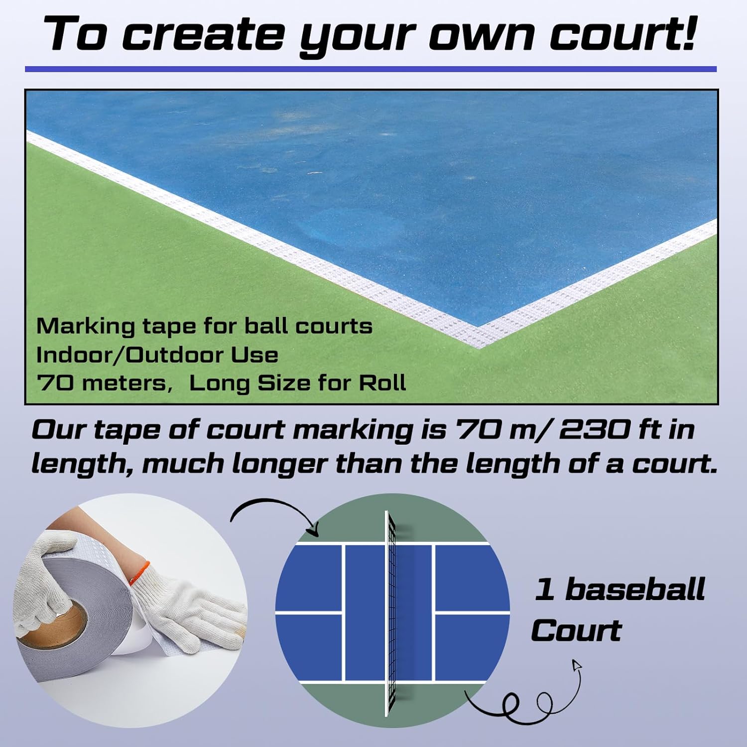 230 Ft Driveway Basketball Tape Outdoor Court Adhesive Marking Lines for Tennis Badminton Parking Floor Pavement Indoor, 2 in Wide (White, PVC) White โ image 5
