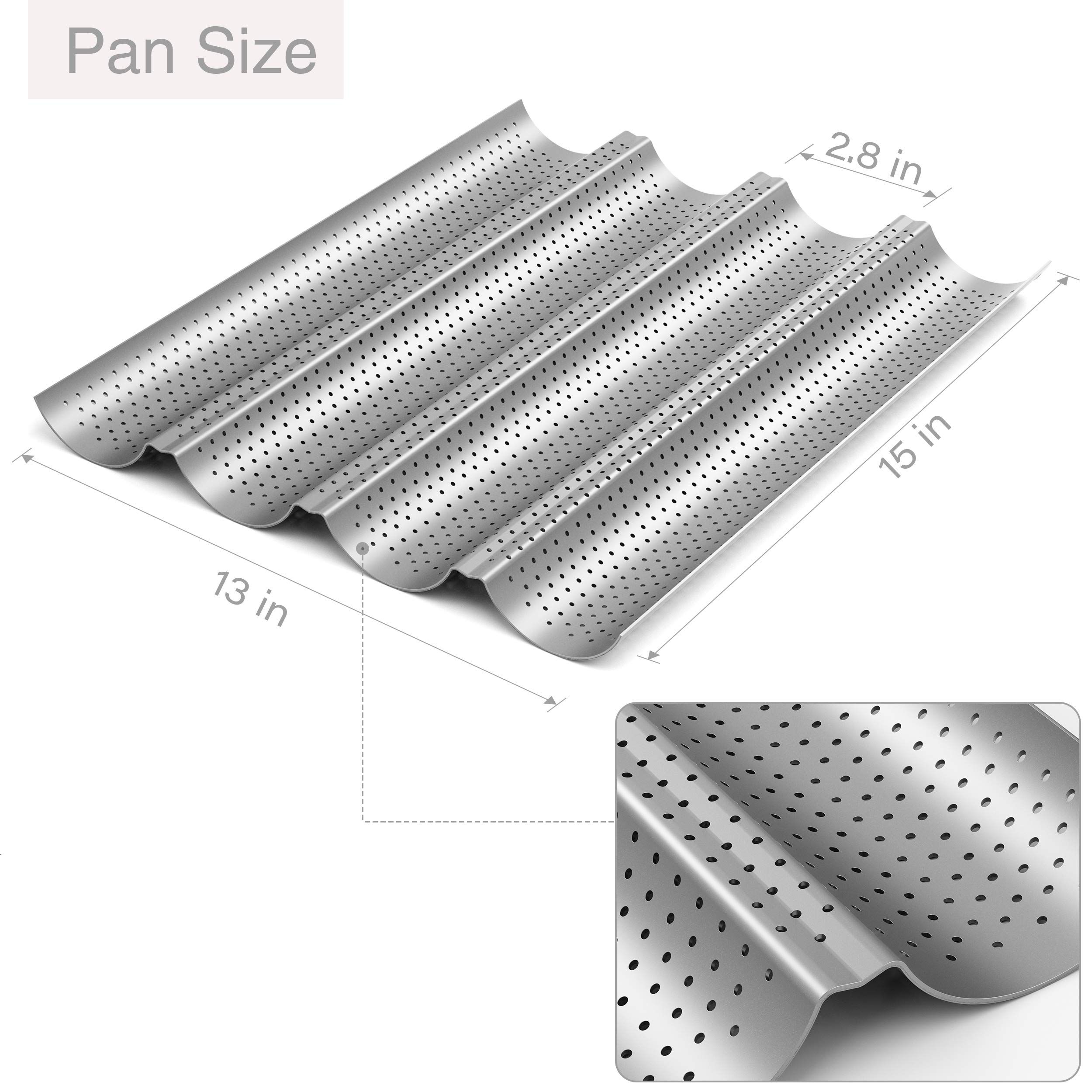 2 Pack Nonstick Perforated Baguette Pan 15" x 13" for French Bread Baking 4 Wave Loaves Loaf Bake Mold Oven Toaster Pan (Silver) — image 2