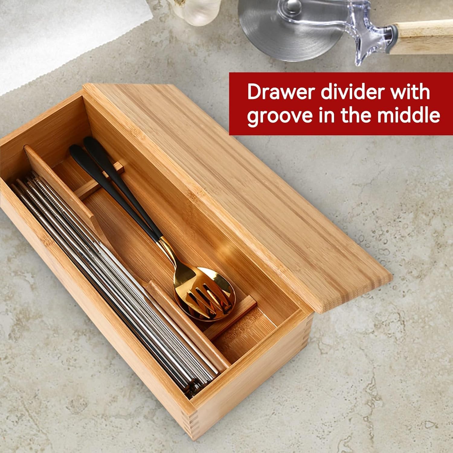 Wooden Cutlery Box with Lid, Small Drawer Organizer Kitchen, in for Spoon Utensil Chopsticks Kitchen Countertop, 10.6x4.3x2.5inch โ image 3