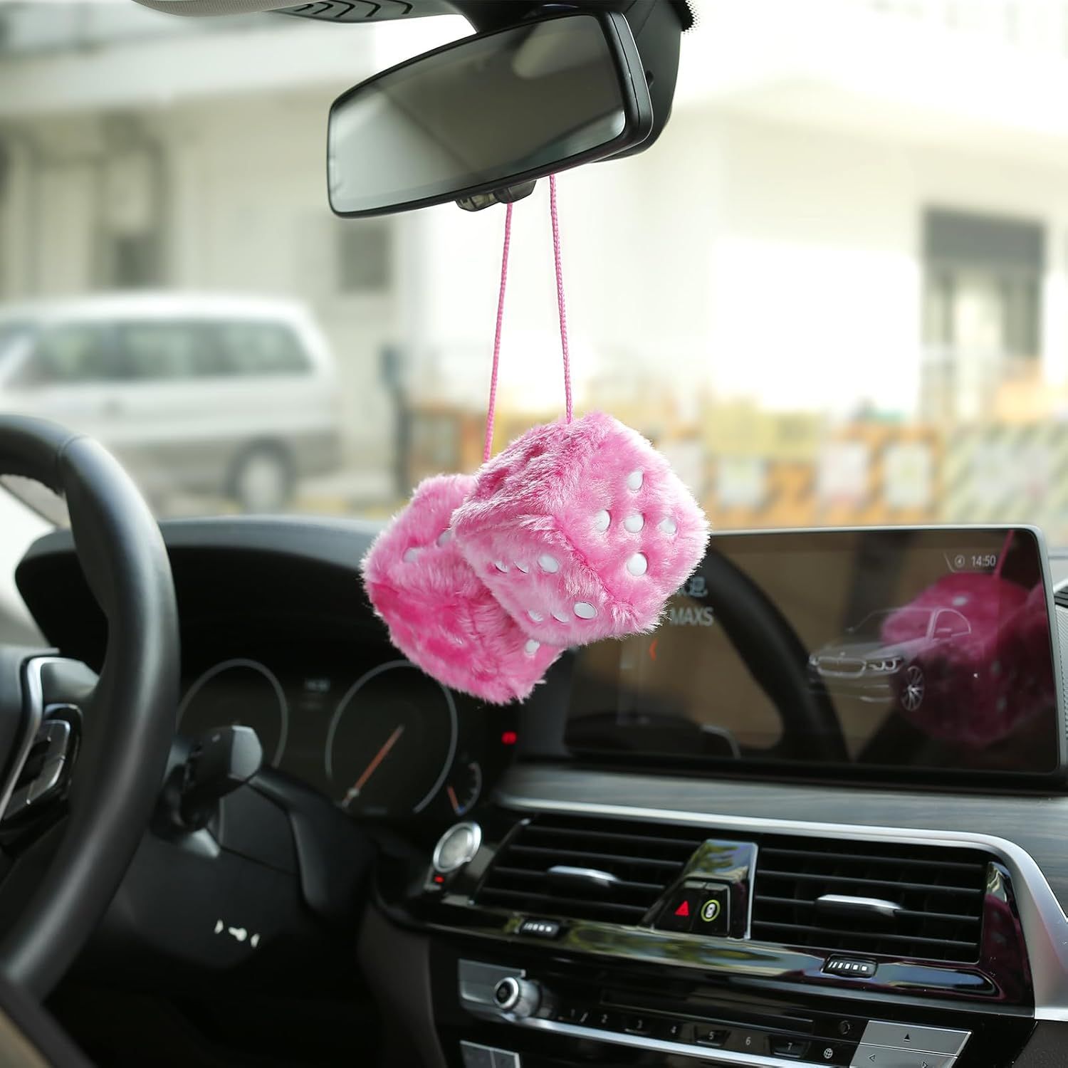 Compatible Pair of 2.75" Fuzzy Dice with Leather Dots Retro Car Rearview Mirror Hanging Accessories for Car Decoration (Pink)_qcx, Made of Fabric โ image 3