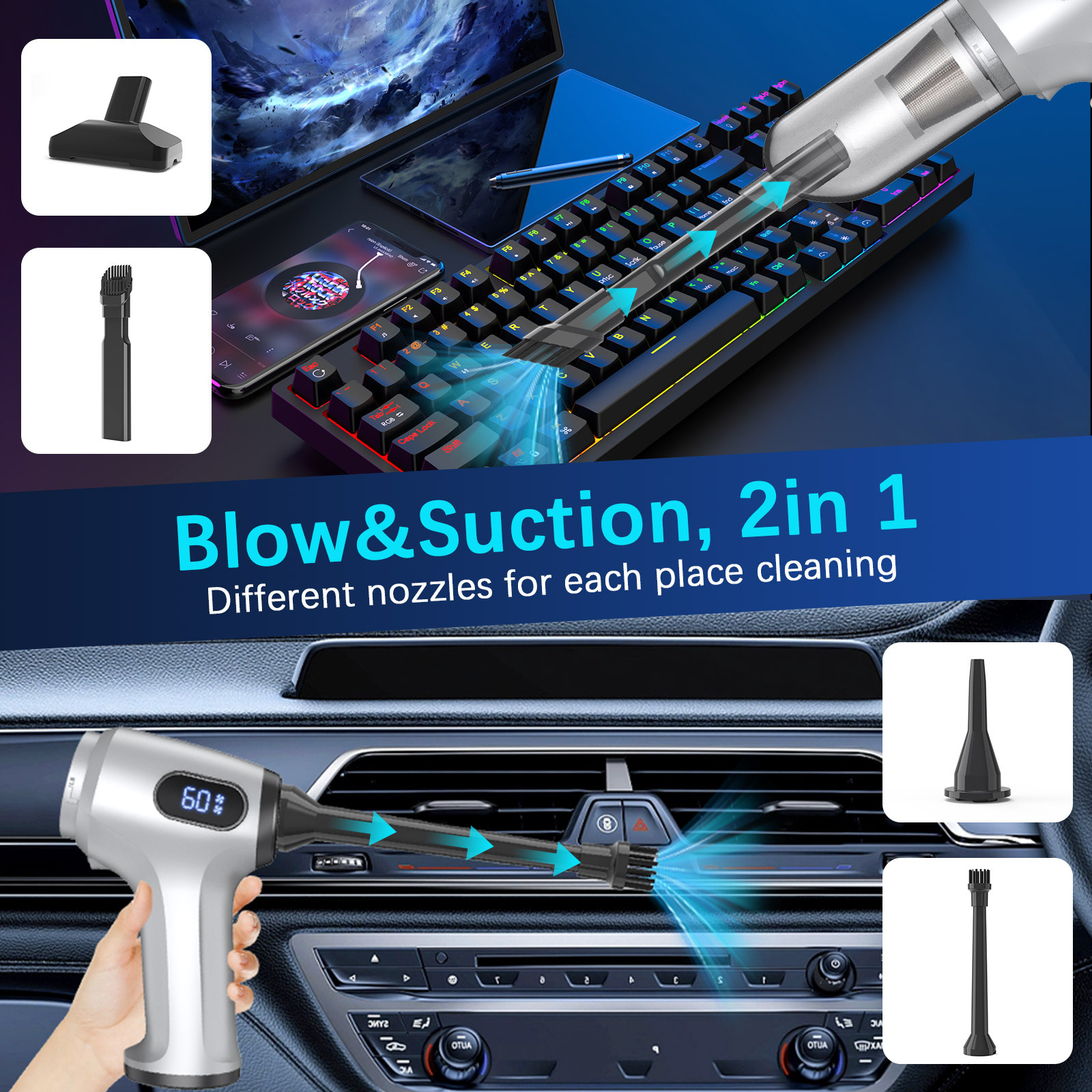2-in-1 Cordless Handheld Vacuum & Air Duster - 12000Pa Suction, 70000 RPM, LED Light, USB-C Rechargeable(Silver) โ image 3