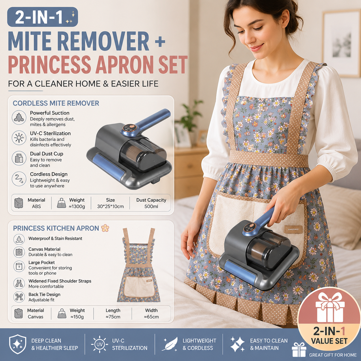 Home Clean Essential 2-piece set -Black Wireless UV Mite Remover Vacuum and Floral Blue Canvas Apron Bundle - 8000rpm Tapping, Washable HEPA Filter, Waterproof