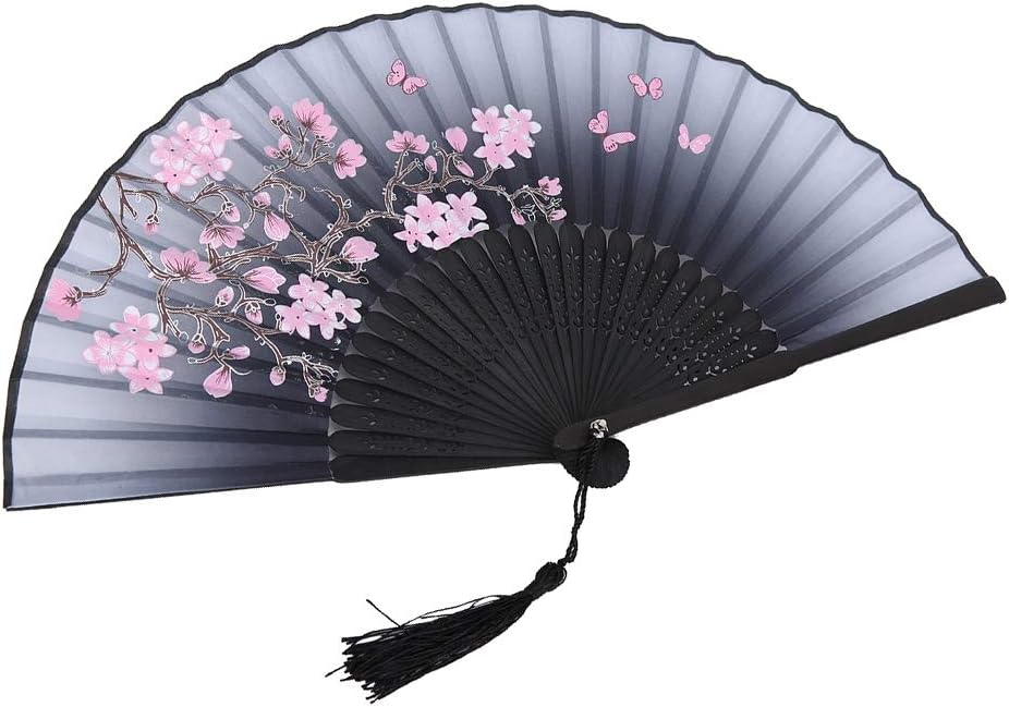 Hand Held Folding Fans, Floral Fans Handheld Paper Fan with Tassel Vintage Hollowed Holding for Dance Props Home Decoration(Gray) Grey — image 4