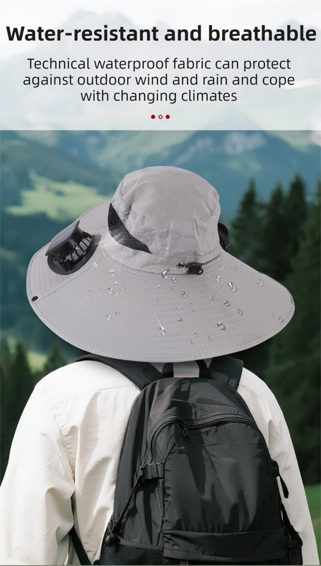 Black Dual Turbo Fan Sun Hat with Square Solar Panel & TypeC Interface - Waterproof 14cm Wide-Brim Cooling Hat for Outdoor Fishing Hiking Camping — image 6