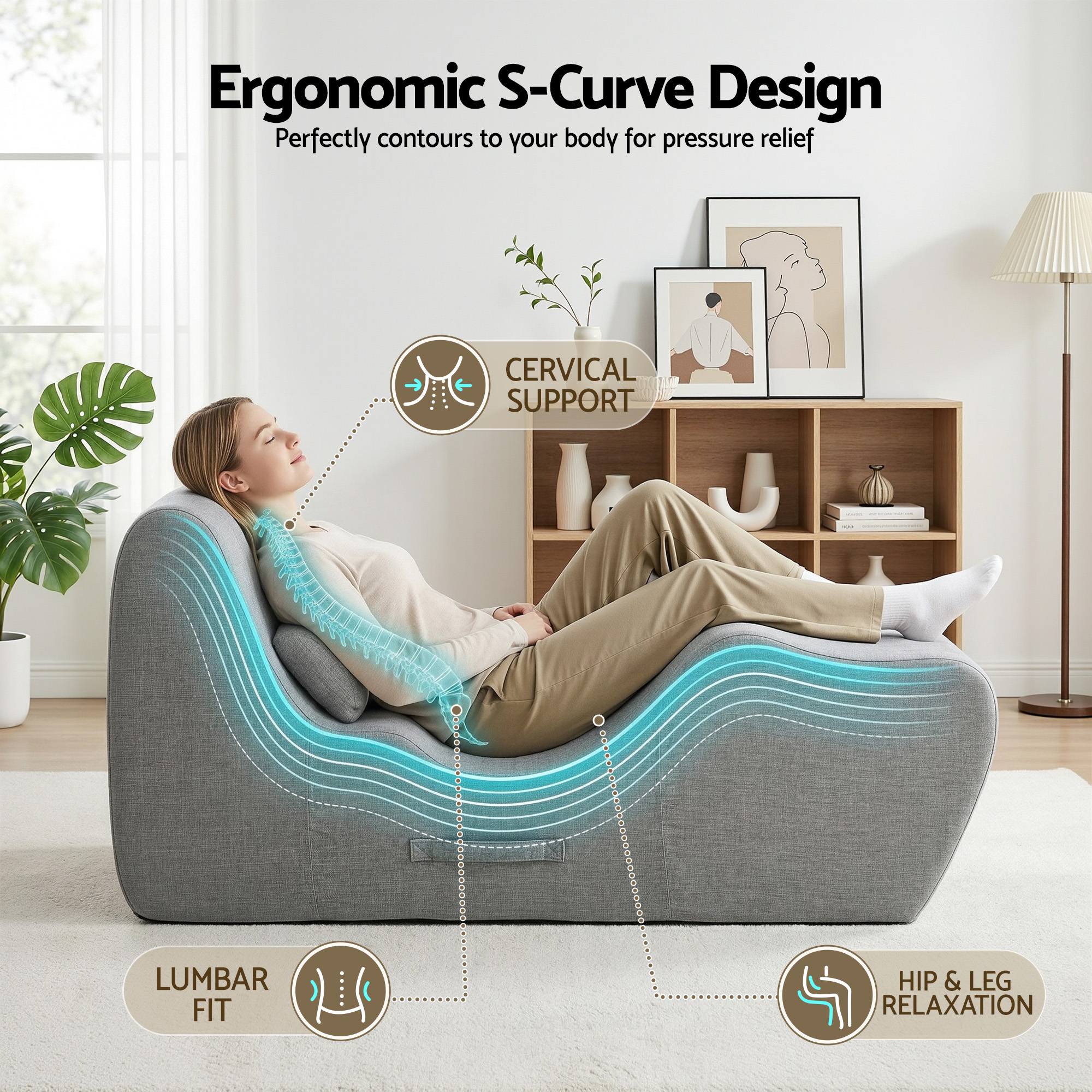 Artiss Chaise Lounge Chair Ergonomic S-Curve Floor Lounger Boneless Lounge Chairs Grey โ image 4