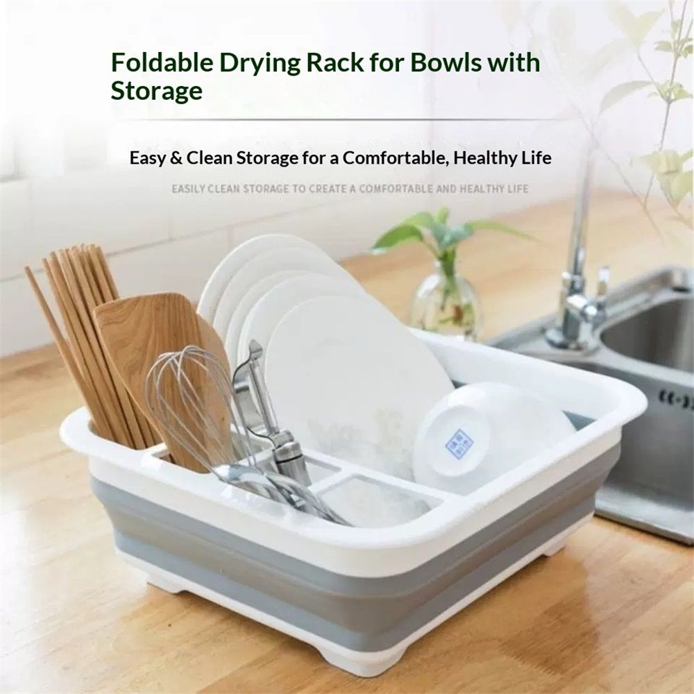 Silicone Clear & Grey Dish Drying Rack with 4 Silverware Slots Compact Size | Collapsible Space-Saving Design Fits in Cabinet(Excluding tableware ) — image 5