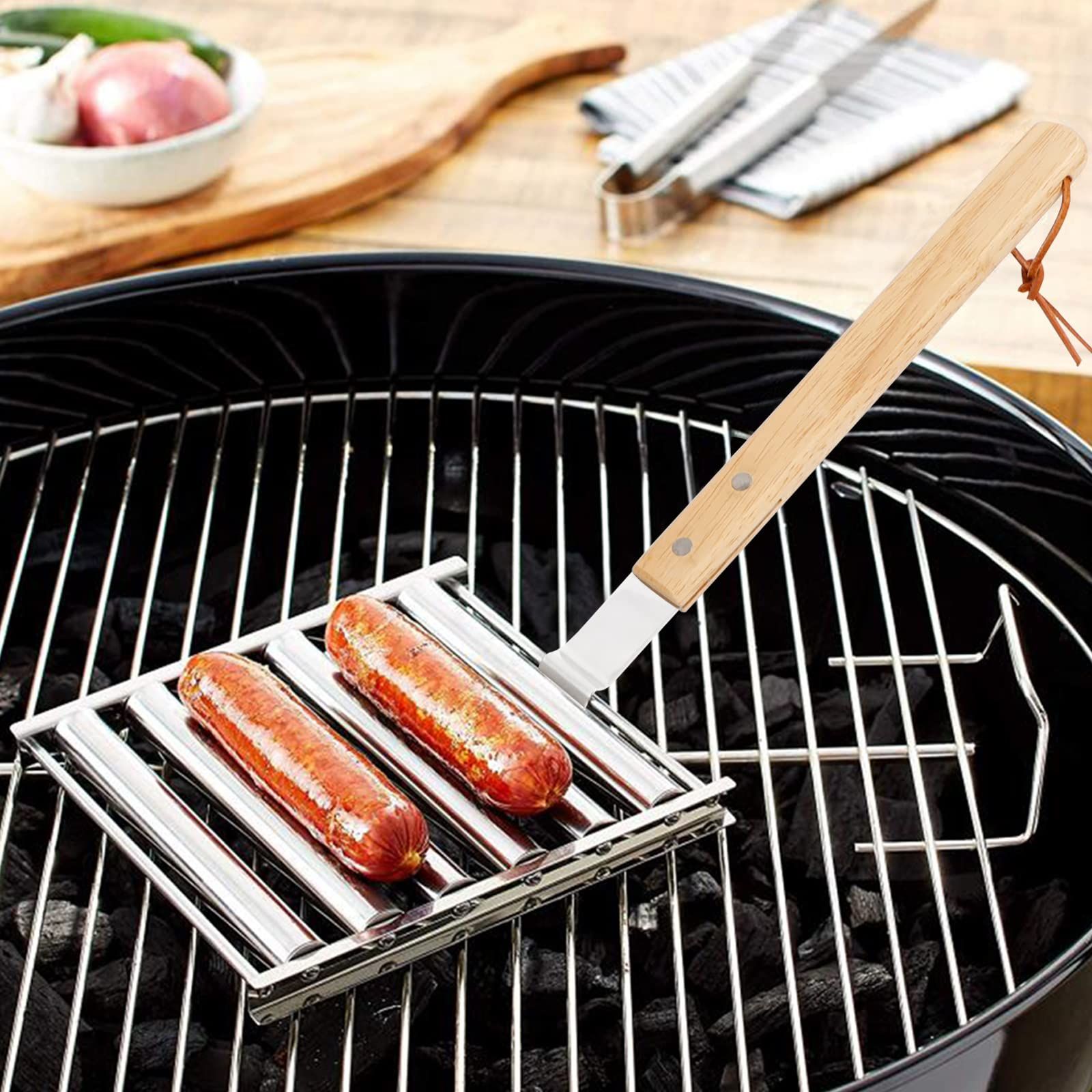 Hot Dog Roller Stainless Steel Sausage Roller Rack with Extra Long Wood Handle, BBQ Hot Dog Griller For Evenly Cooked Hot Dogs — image 4