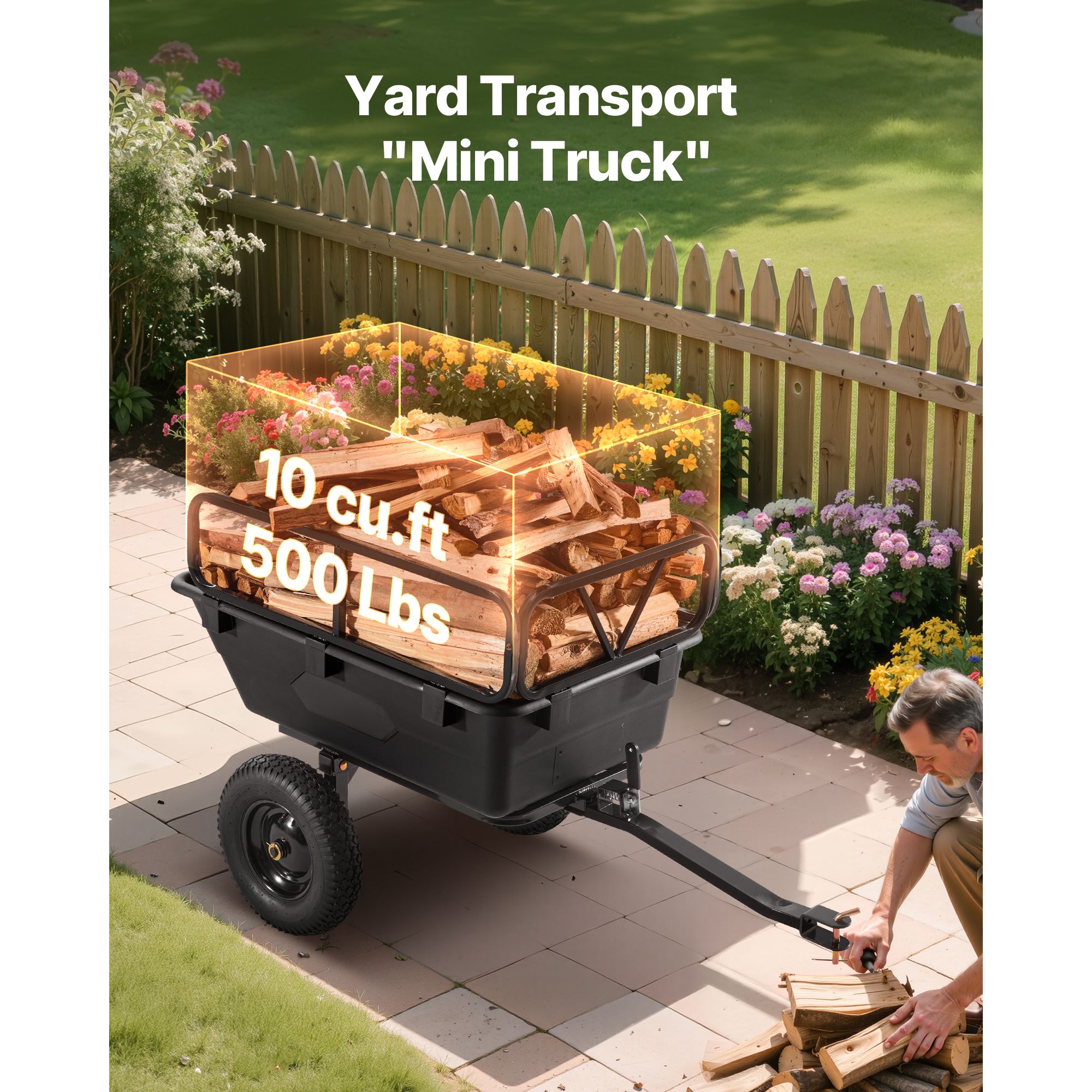Garden Utility Trailer, 10 Cu. Ft 227 kg, ATV UTV Hauling Trailer, Tow Behind Poly Dump Cart with 16" Tires, Hand Pull or Foot Pedal, Heavy Duty Yard Trailers — image 4