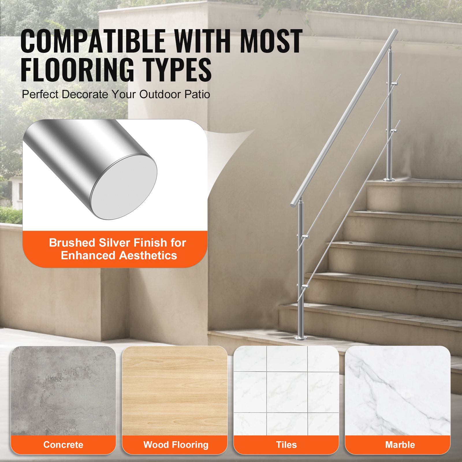 Handrails for Outdoor Steps, 70.9in Length 2 Crossbars Stair Hand Rail Kit, Transitional Stainless Steel Railings w/ Installation Kit, Double-column โ image 5