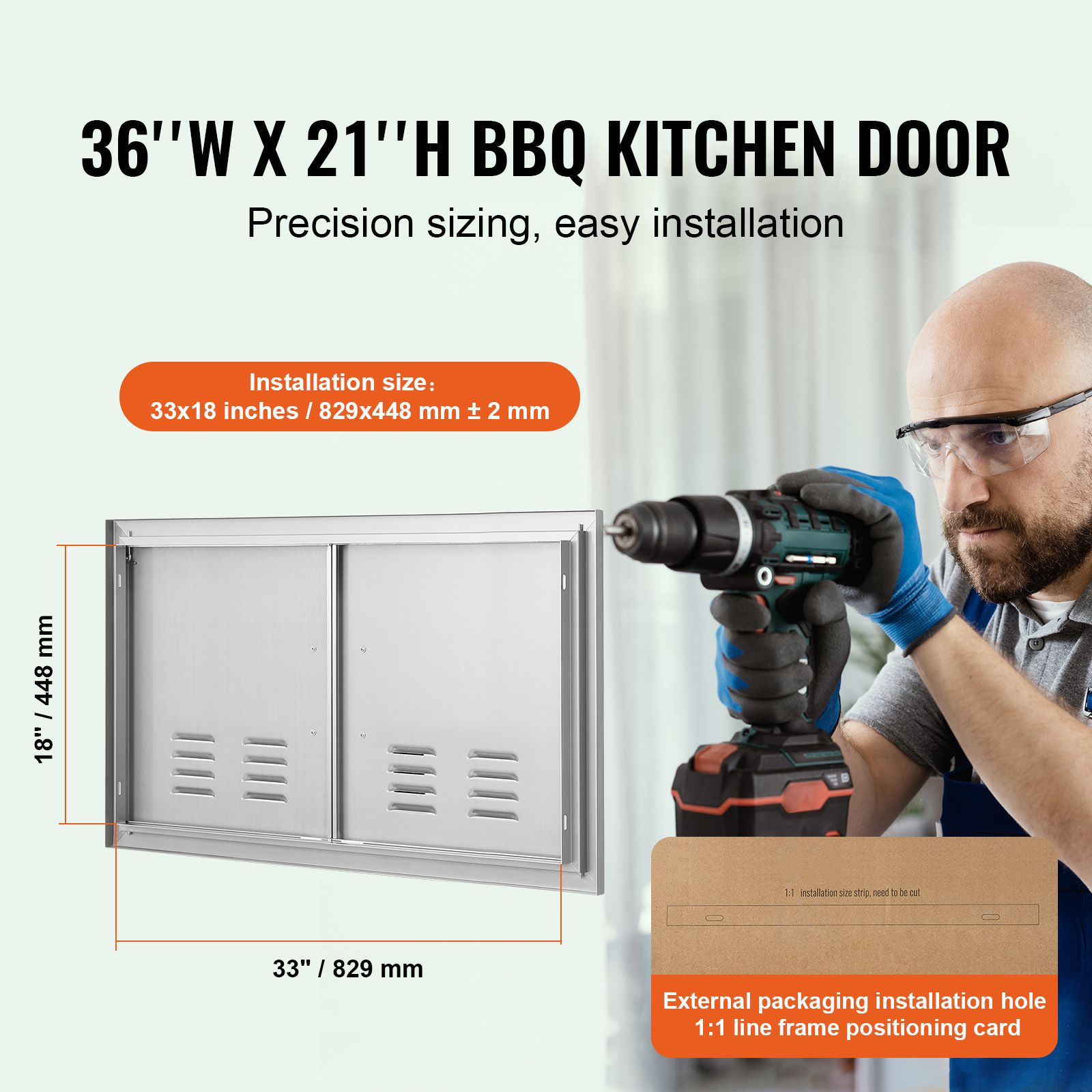 BBQ Access Door, 914 × 534 mm Double Outdoor Kitchen Door, Stainless Steel Flush Mount Door, Wall Vertical Door with Handles and Vents, for BBQ Island — image 2