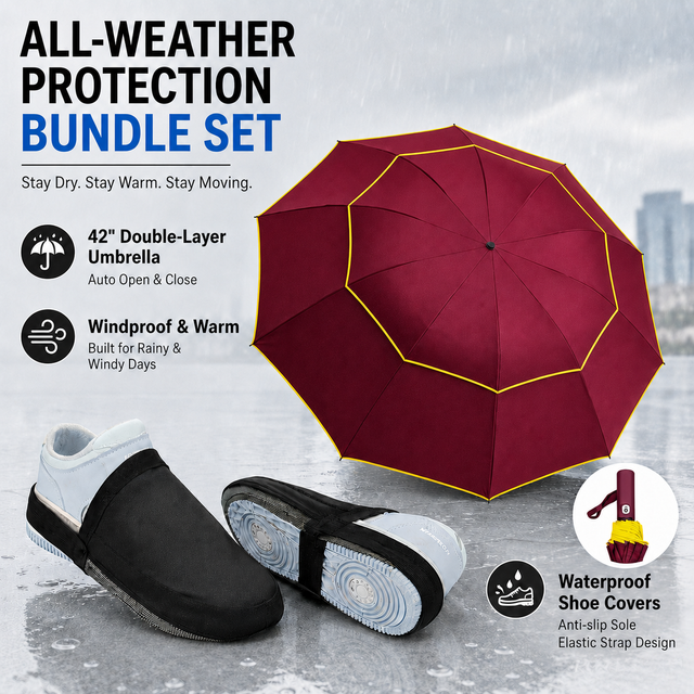 Wine Red Compact 3-Fold Automatic Golf Umbrella (Dia 42 Inch) + Waterproof Thermal Half Shoe Covers (M Size) with Anti Slip Elastic Strap– Windproof &