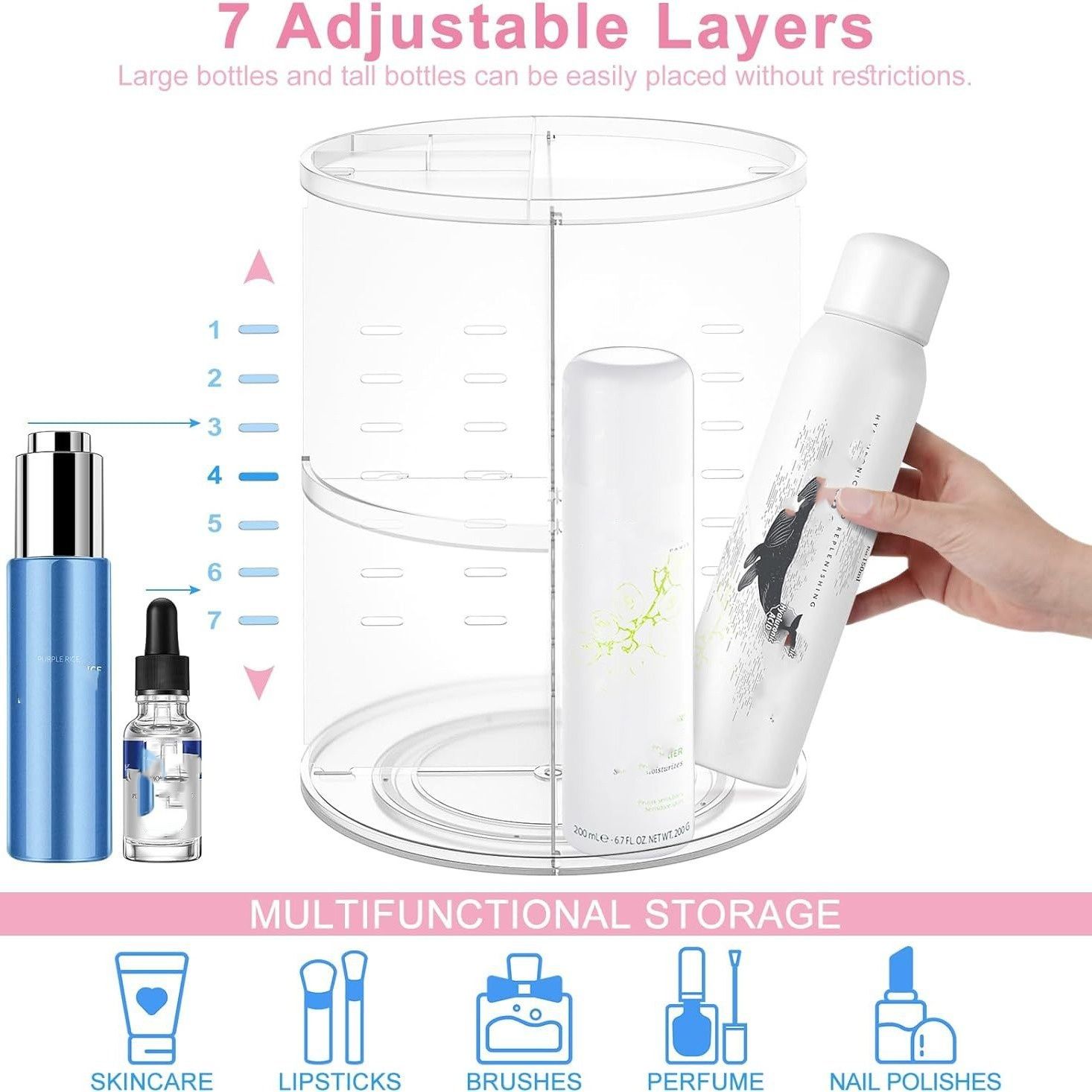 Rotatable Makeup Organizer Storage Box 360° Desktop Makeup Brush Holder Set with 3 Tier Round Cosmetic Display Stand — image 3