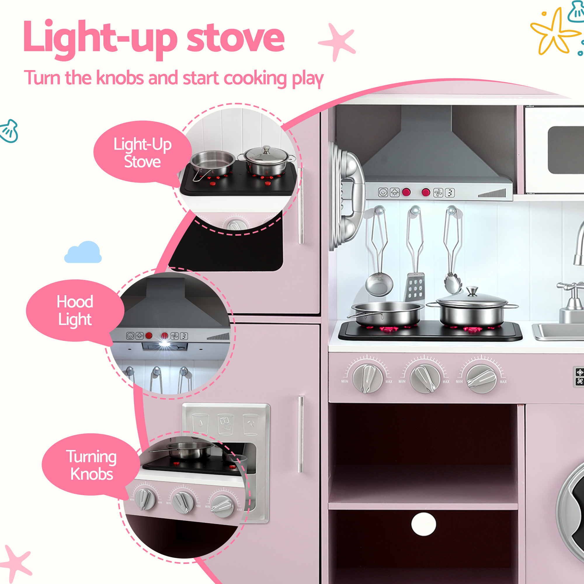 Keezi 102cm Wooden Pretend Kitchen Playset With Apron And Food Set1 Pink — image 5