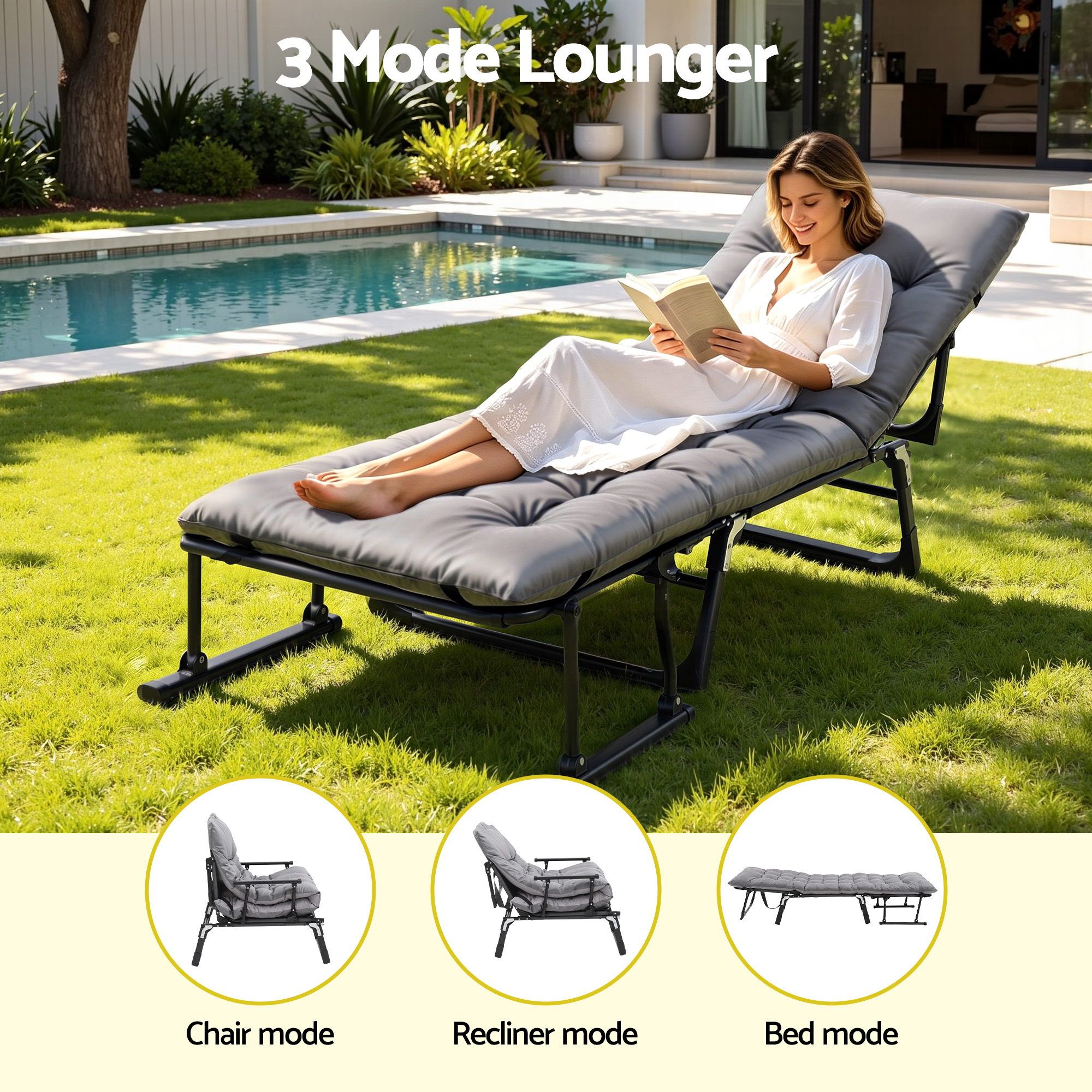 Gardeon 3-in-1 Sun Lounger Folding Camping Chair Adjustable Recliner Patio Furniture for Office Nap, Poolside โ image 4