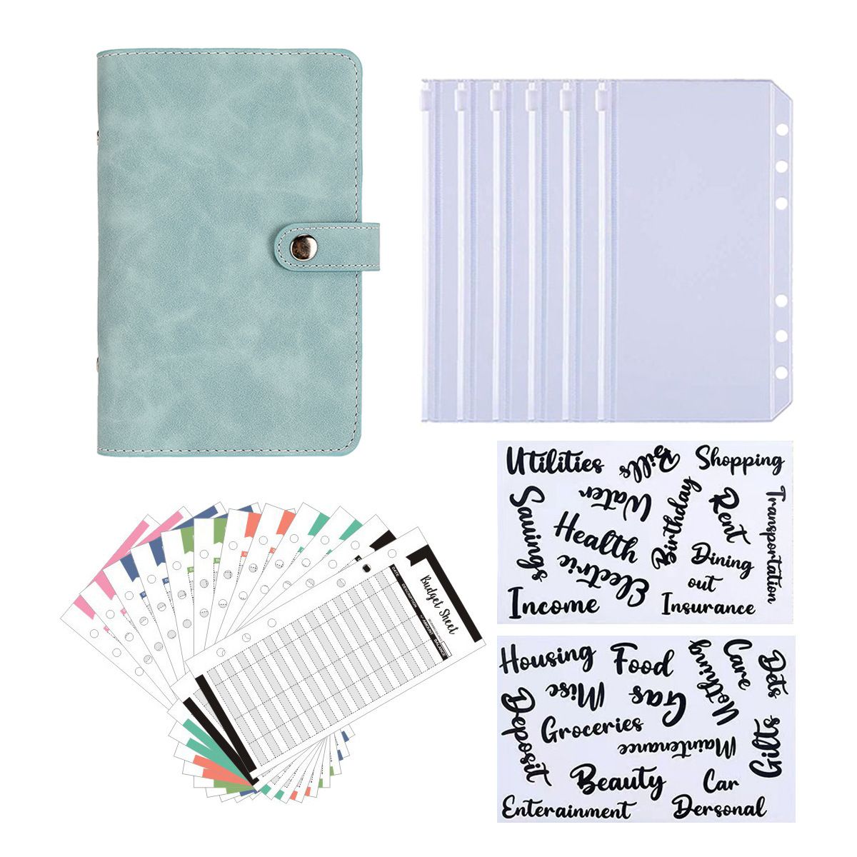 A6 binder diary, used for office, school, travel, business planning, including 12 budget cards, 8 PVC zipper bags, and 2 English stickers (cyan)