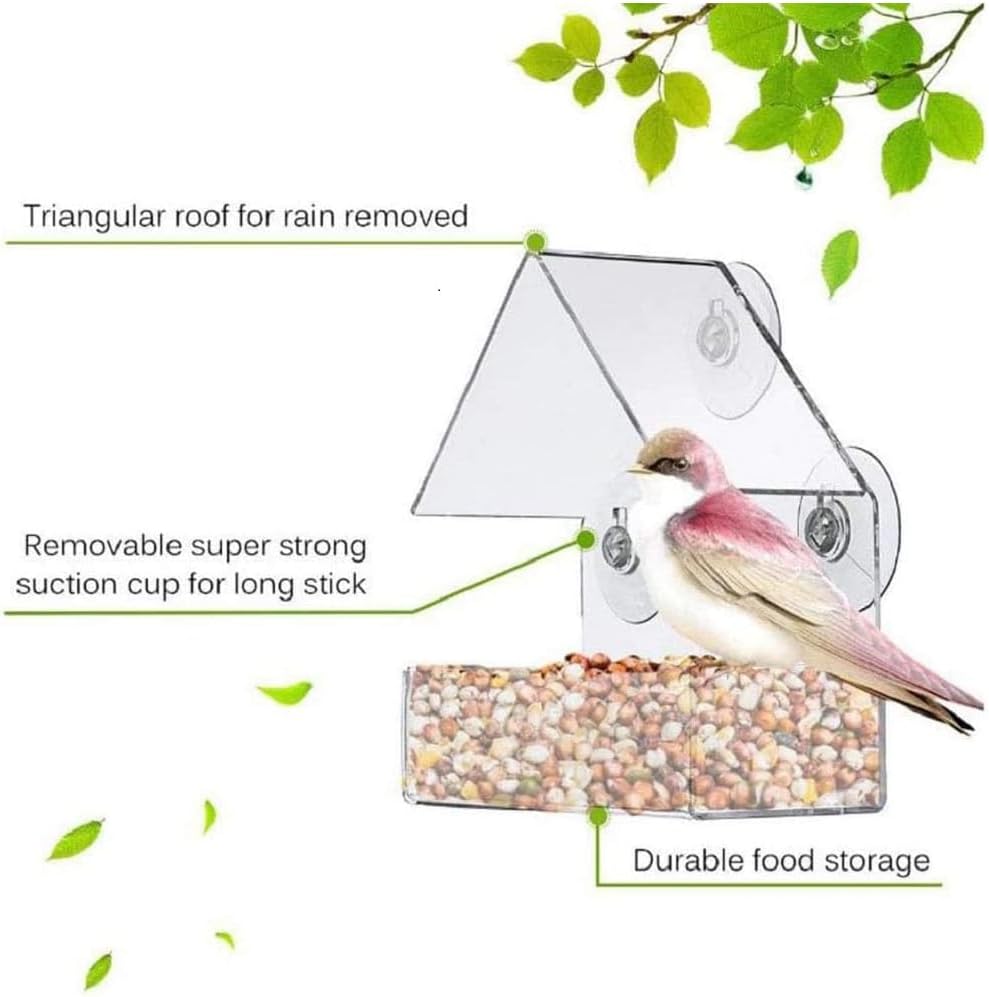 Bird Feeder, Window Bird House Crystal Clear Acrylic with Seed Tray, Drain Holes and 3 Suction Cups, Weatherproof Design, Squirrel Resistant, Drains Rain — image 3