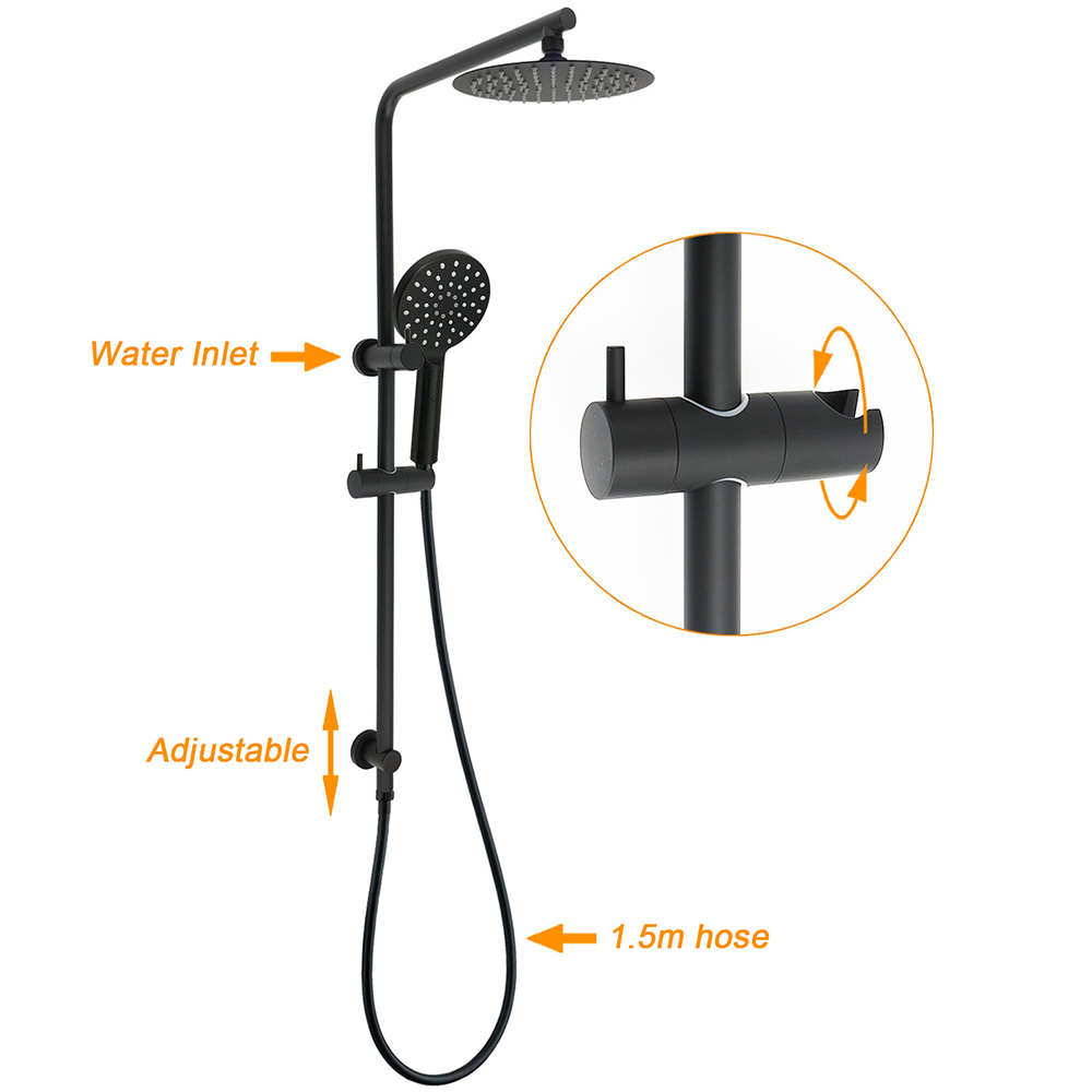 WELS Matt Black Round 2in1 8" Shower Head Sliding Rail Arm 3 Modes Handheld Twin Taps โ image 2