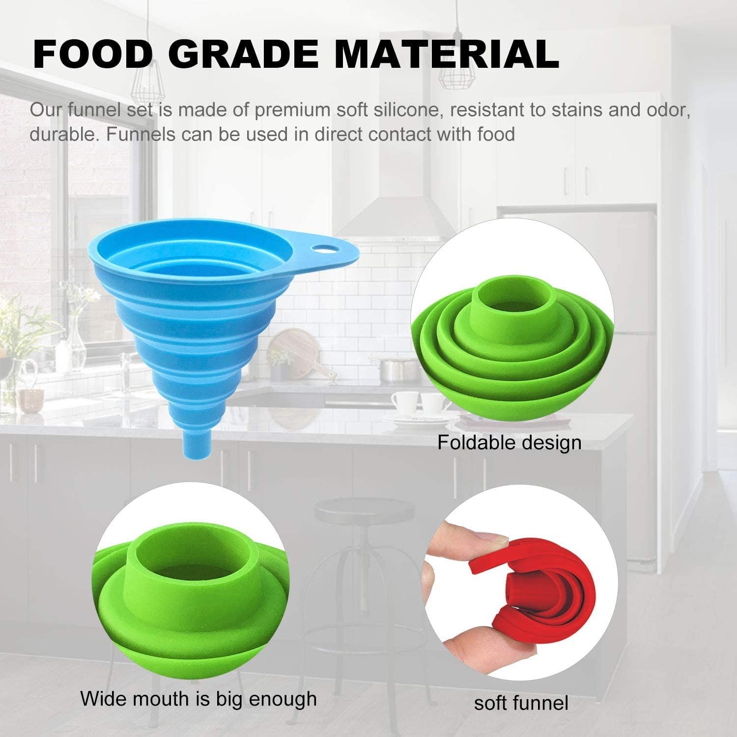 3 Pcs Silicone Collapsible Funnel, Funnels for Kitchen Use Filling Bottles, Food Grade Foldable Kitchen Funnels — image 4