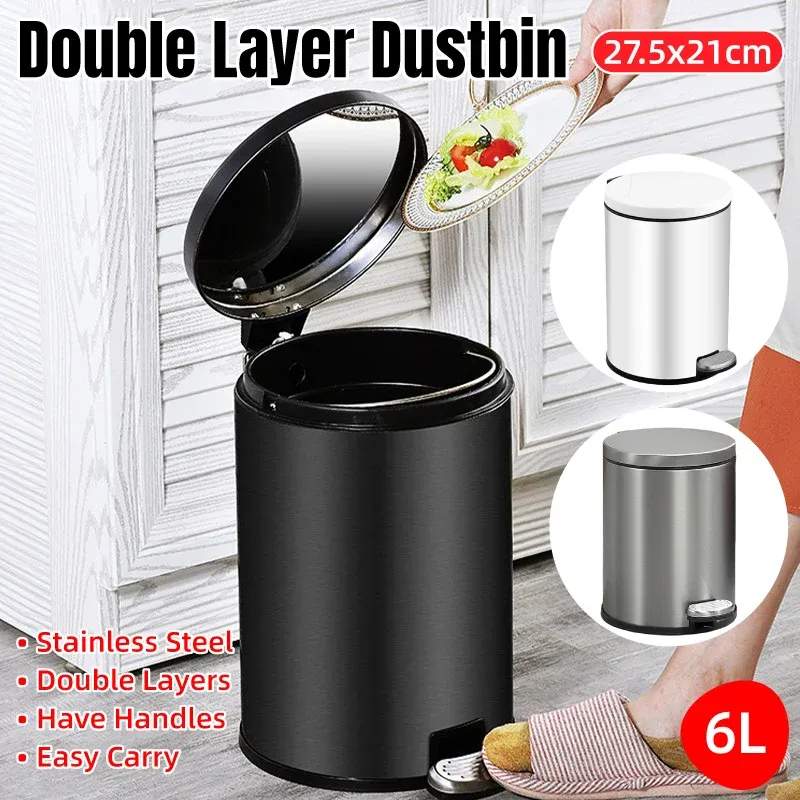 Trash Can Double Layer Foot Pedal Design with Lid Household Bin Kitchen Bathroom - White โ image 2