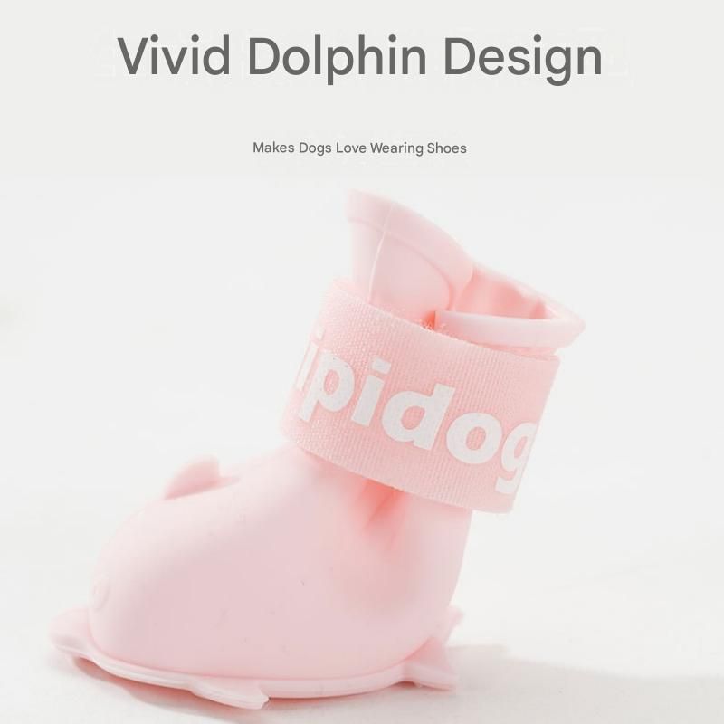 Blue M size Waterproof Dog Rain Boots Set of 4 - Cartoon Dolphin Design Shape PVC Pet Shoes with Adjustable Hook and Loop Straps, Anti Slip Paw Protectors for โ image 2