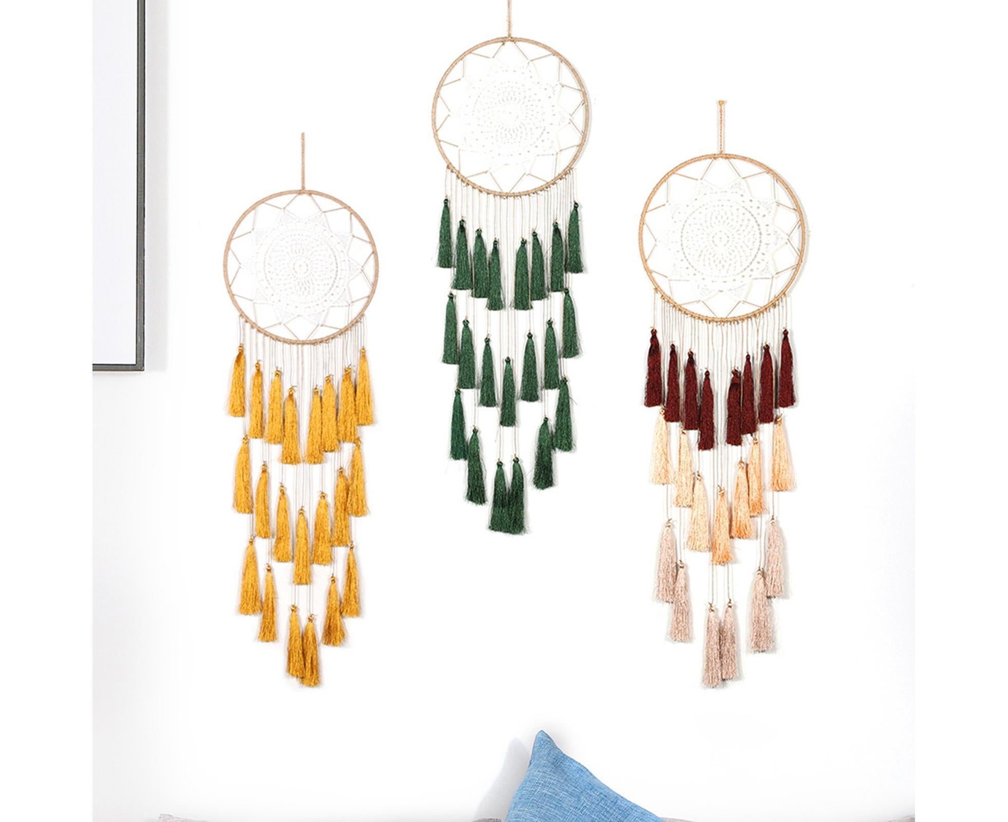 Round Handmade Wall Hanging Wind Chime Dream Catcher with Tassel Home Decor-White — image 3