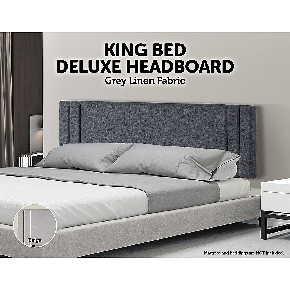 Linen Fabric King Bed Deluxe Headboard Bedhead - Grey — image 3
