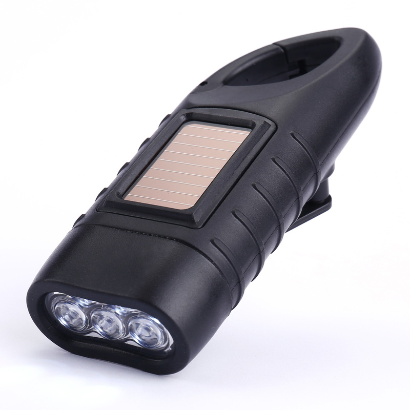 Solar and Dynamo Rechargeable Emergency Torch with Hand Crank, USB Charging and Clip for Camping, Power Outages and Survival Kits, Black