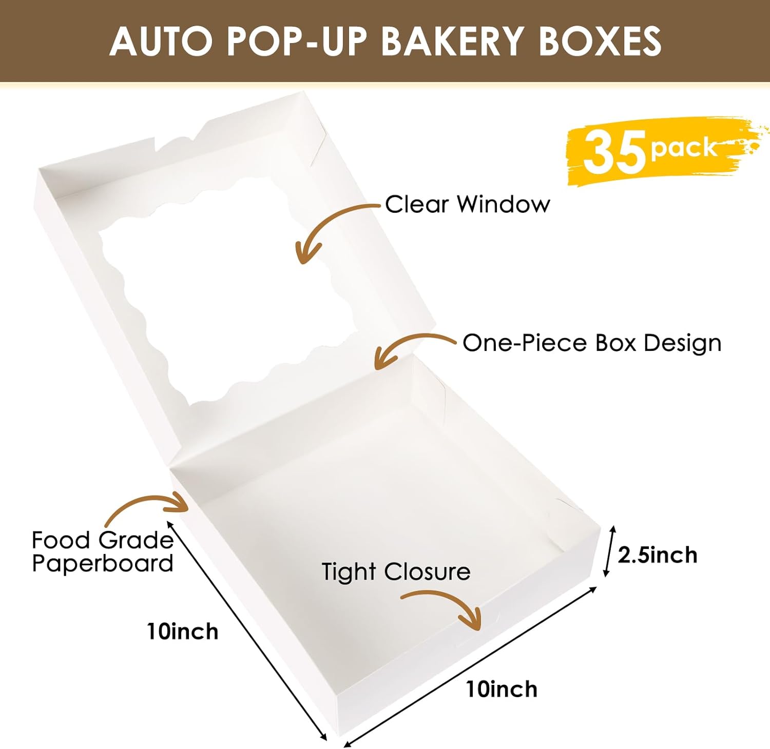 35pcs Bakery Boxes, 10x10x2.5 Inches Auto-Popup Cookie Boxes with Window for Pie, Cookie Cake, Treats, Pastries, Chocolate Covered Strawberries — image 3