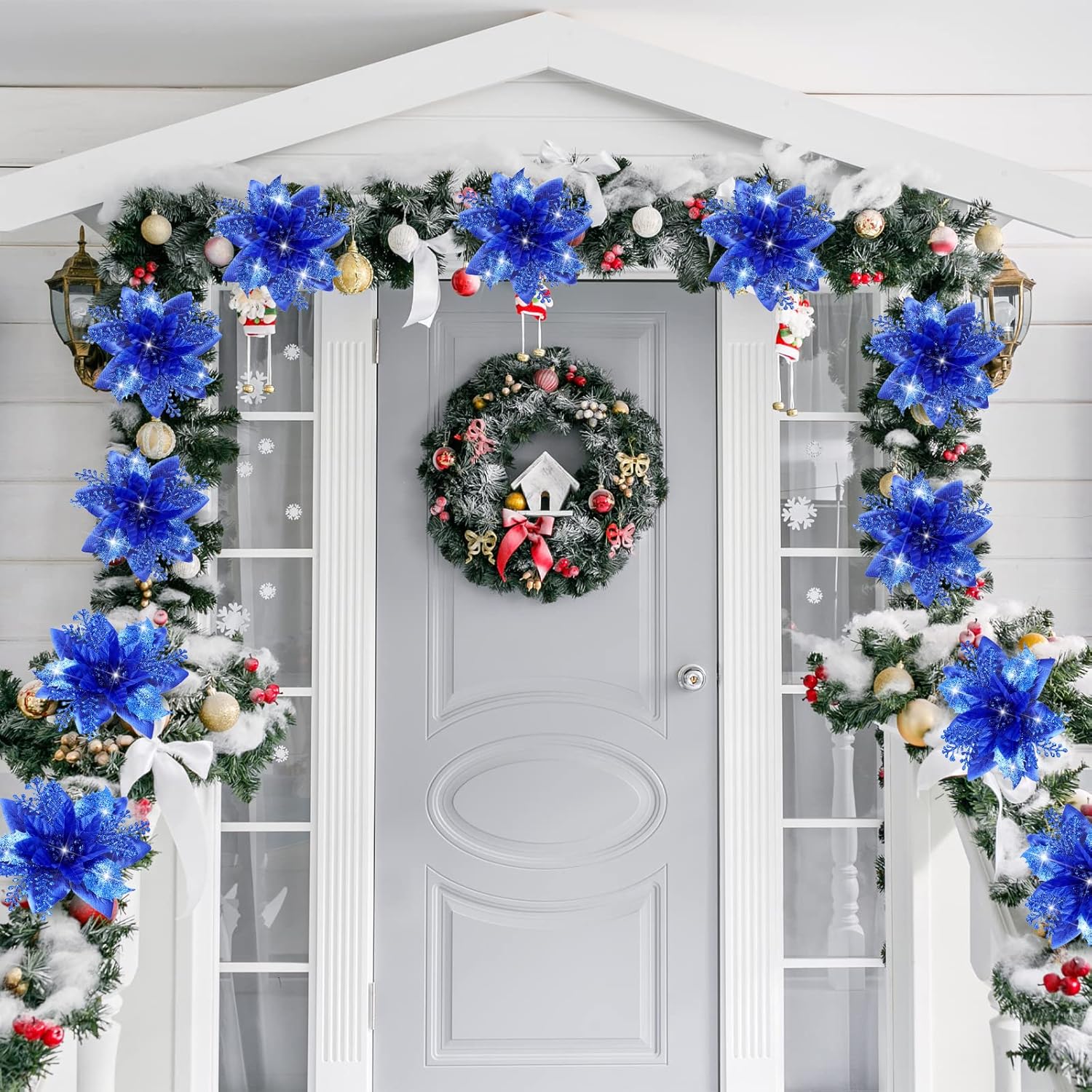 12 Piece Royal Blue Christmas Decorations Set with Glitter Artificial Flowers Clips for Tree Wreaths Home Festive Ornaments โ image 6