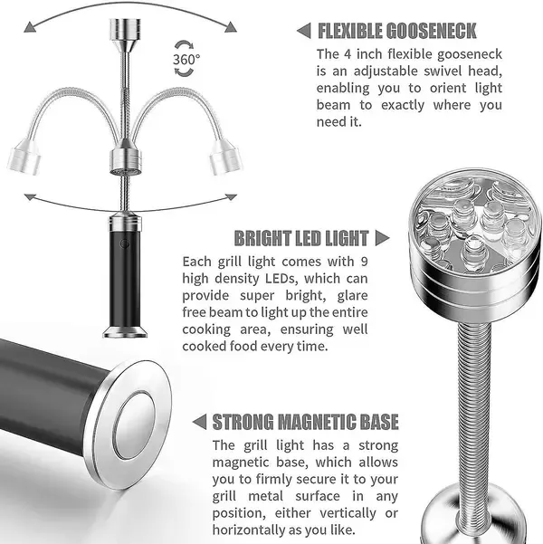 2 Pack Magnetic LED BBQ Grill Lights with 360 Degree Flexible Goosenecks for Camping, Outdoor Cooking and Night Grilling, Silver — image 3
