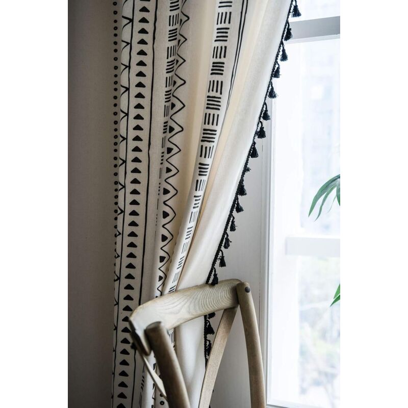 1 Panel Bohemian Curtains Cotton Linen Black Tassel Curtains For Living ROom Bedroom (White, 150 × 180 Cm) — image 3